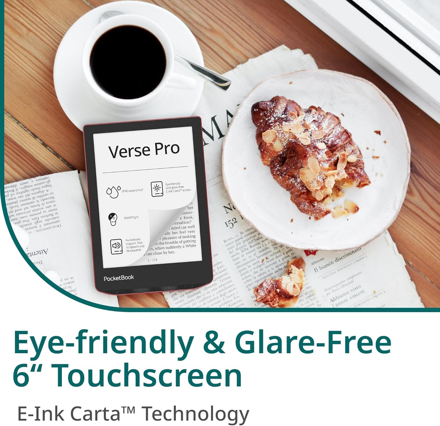 PocketBook Verse Pro E-Reader Waterproof | Eye-Friendly 6'' E-Ink Carta™ HD Touchscreen | Audio-Book & E-Book Reader | Text-to-Speech Function | SMARTlight | 16GB | WiFi & Bluetooth | Red