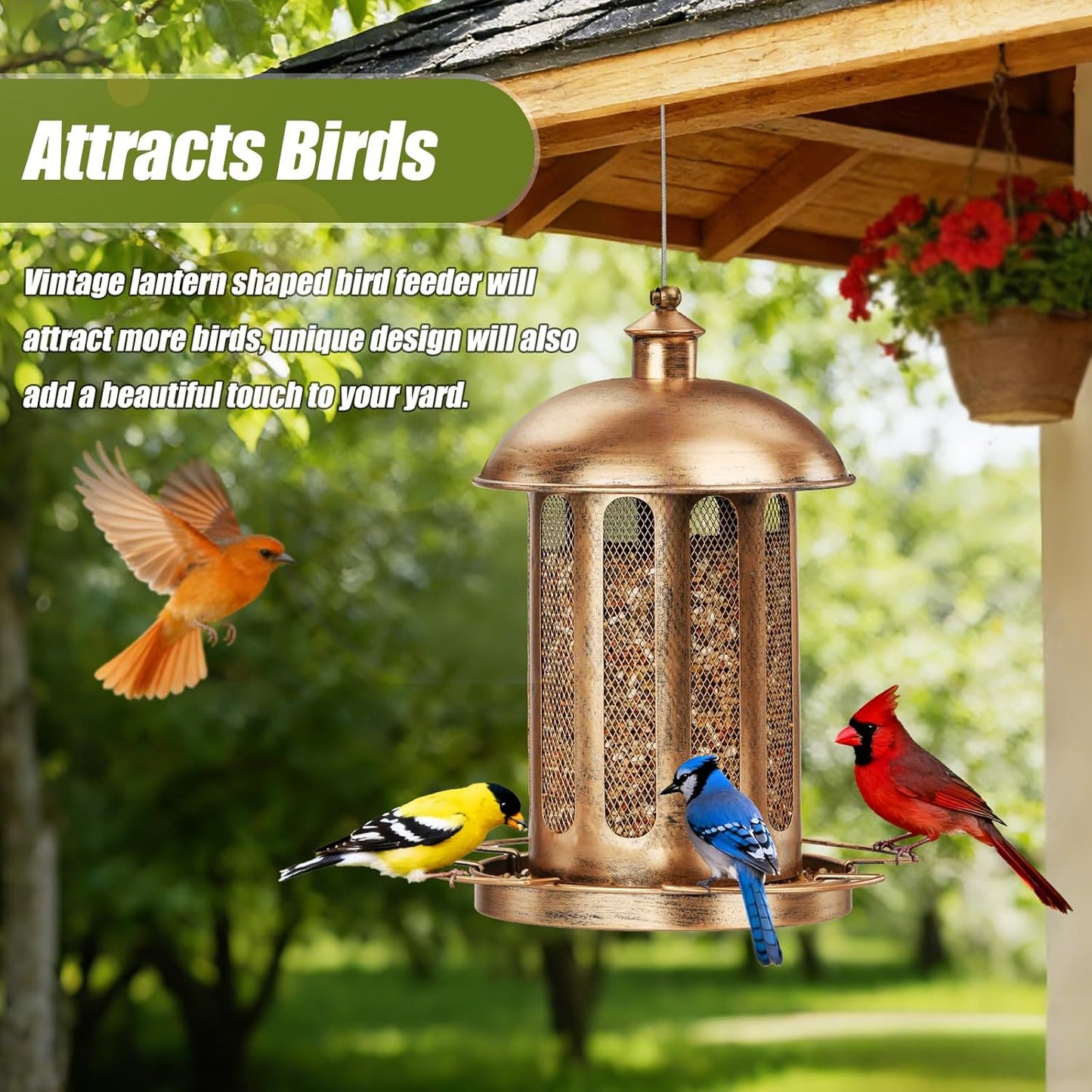 Bird Feeder, Large Capacity Bird Feeders for Outdoor Hanging, Heavy Duty Metal Wild Birdfeeder for Outside Garden Yard Decor, Retro Lantern Shape