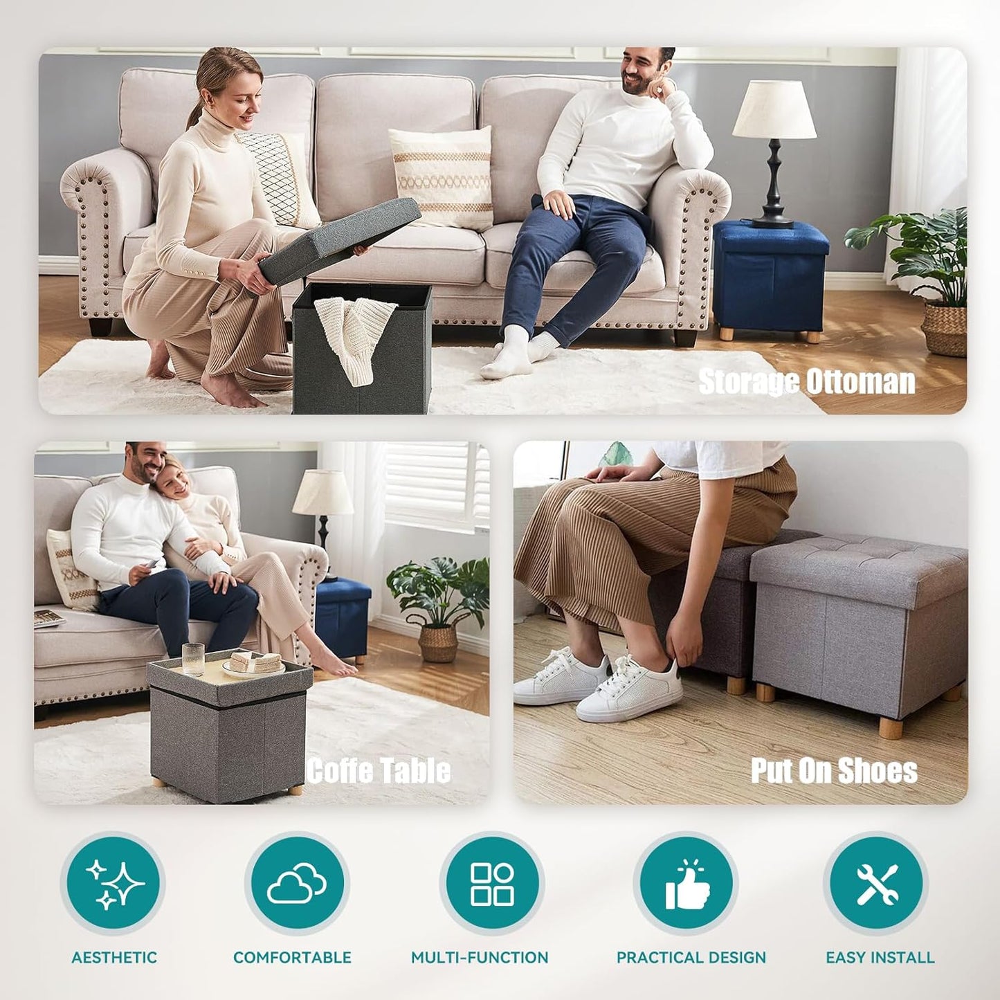 BRIAN & DANY Ottoman with Storage, Small Storage Ottoman for Dorm, Linen Folding Ottoman Foot Stool with Legs for Living Room and Bedroom, 15"x15"x15" - Light Gray