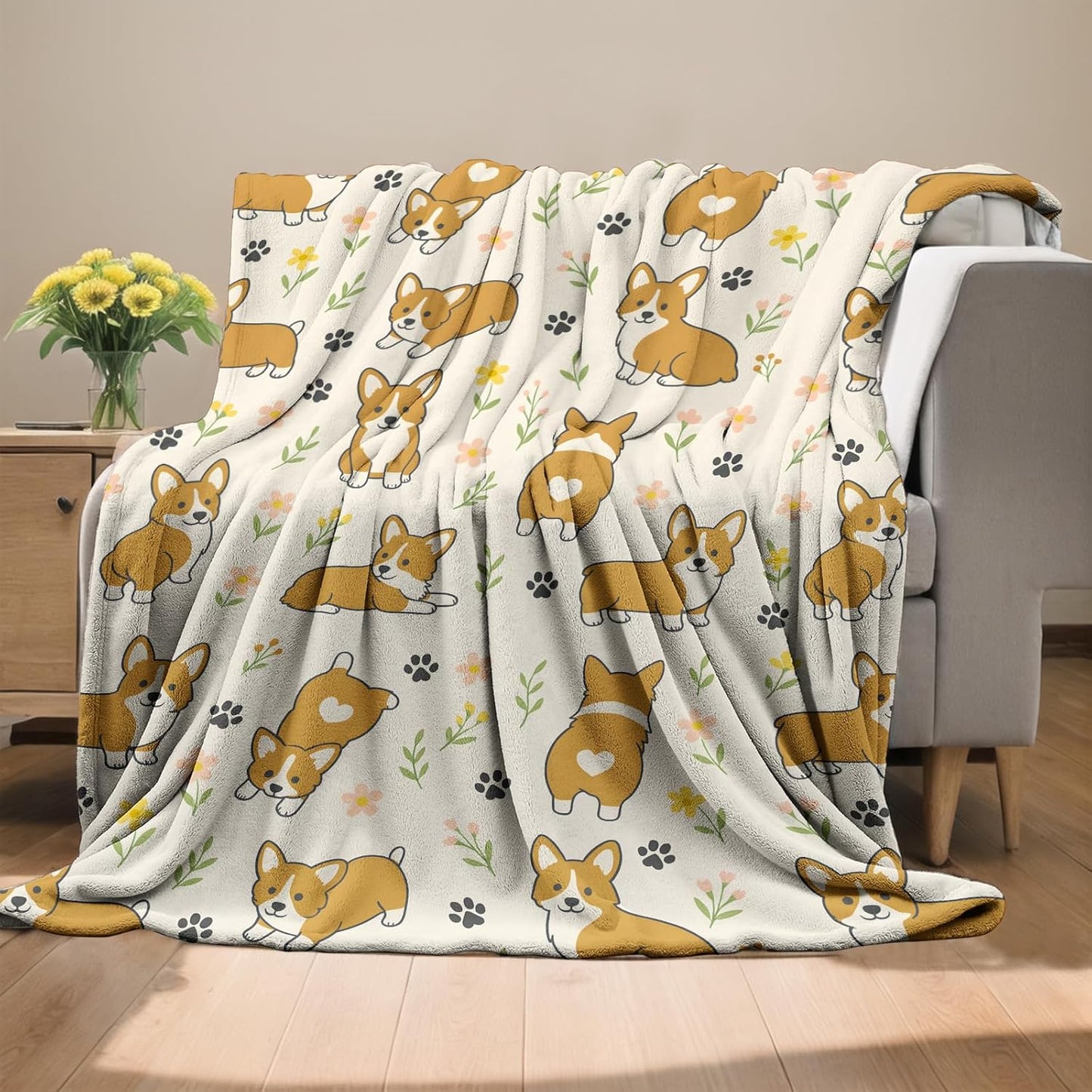 Cute Corgi Dog Blanket, Adorable Puppy Flannel Throw, Soft Cozy Lightweight Throws Blankets for Women Kids Girls, Cartoon Home Decor for Sofa Couch Bedroom Home, 60x50 Inch