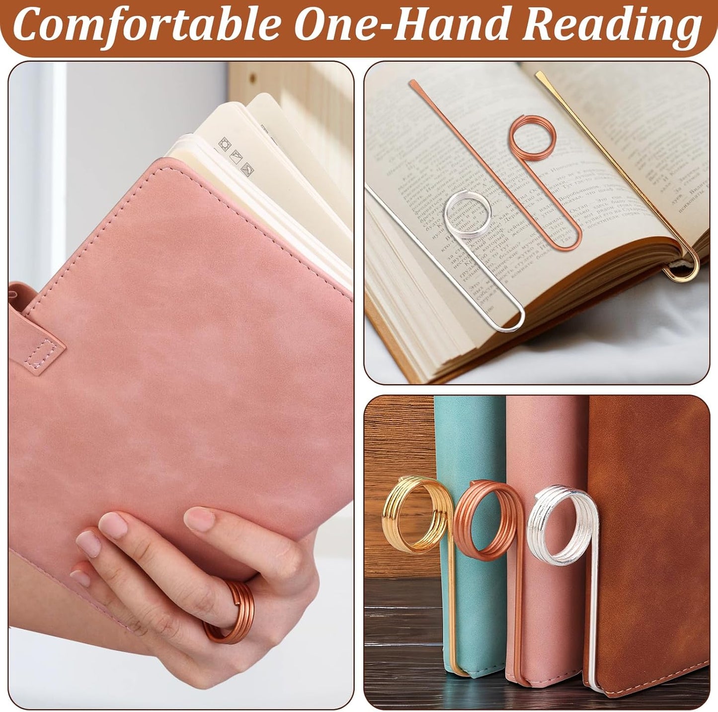 3Pcs Book Holder Ring, Metal Thumb Book Page Holder, Lightweight Ring Book Opener for Reading, Ergonomic Book Page Holders, Gifts for Book Lovers (Copper/Gold/Silver)