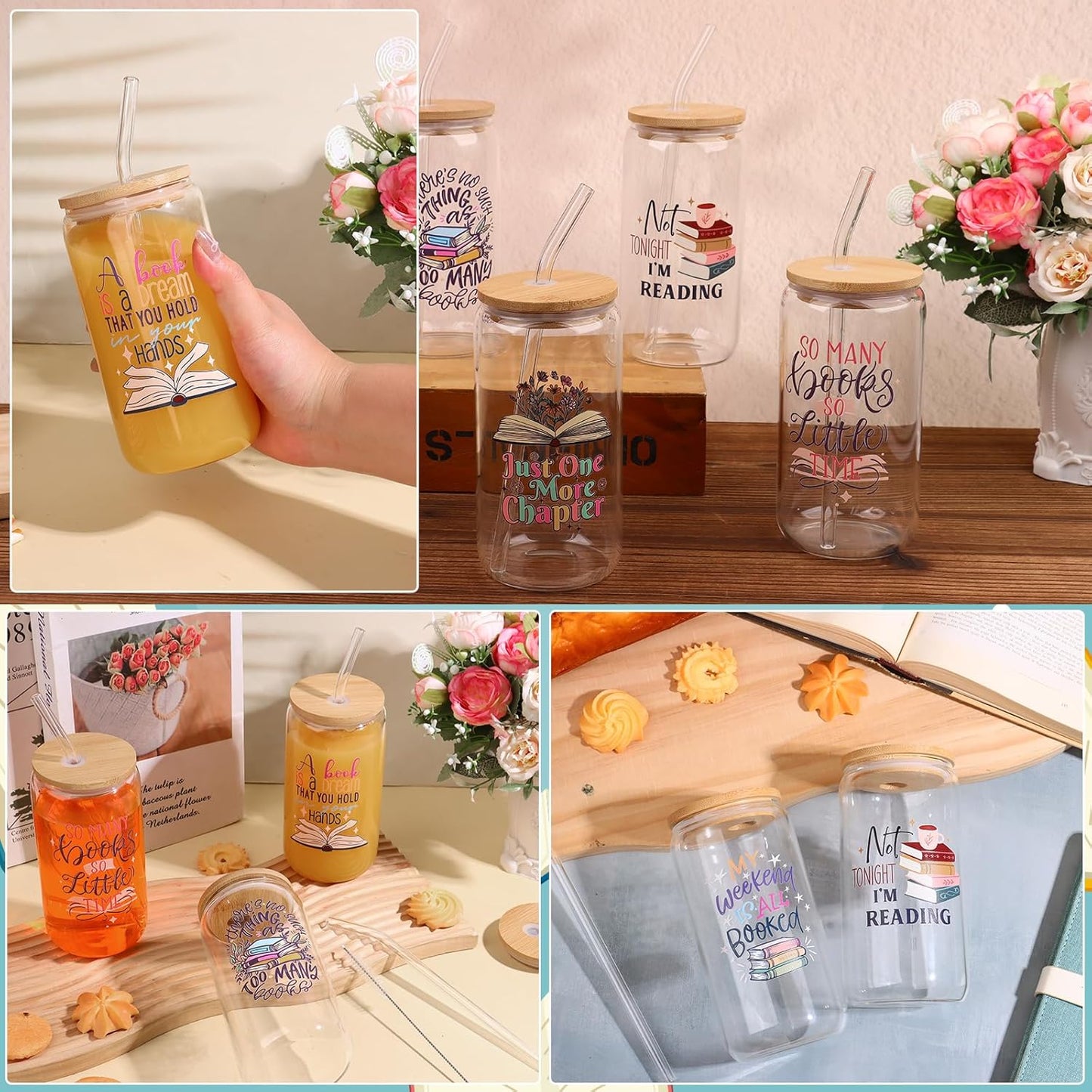 6 Pcs Book Lover Gifts 16 oz Glass Cups with Lid Straw Iced Coffee Glass Tumbler Library Reading Drinking Cups Reader Gift Book Club Appreciation Gifts for Teacher Employee Volunteer Librarian Nurse