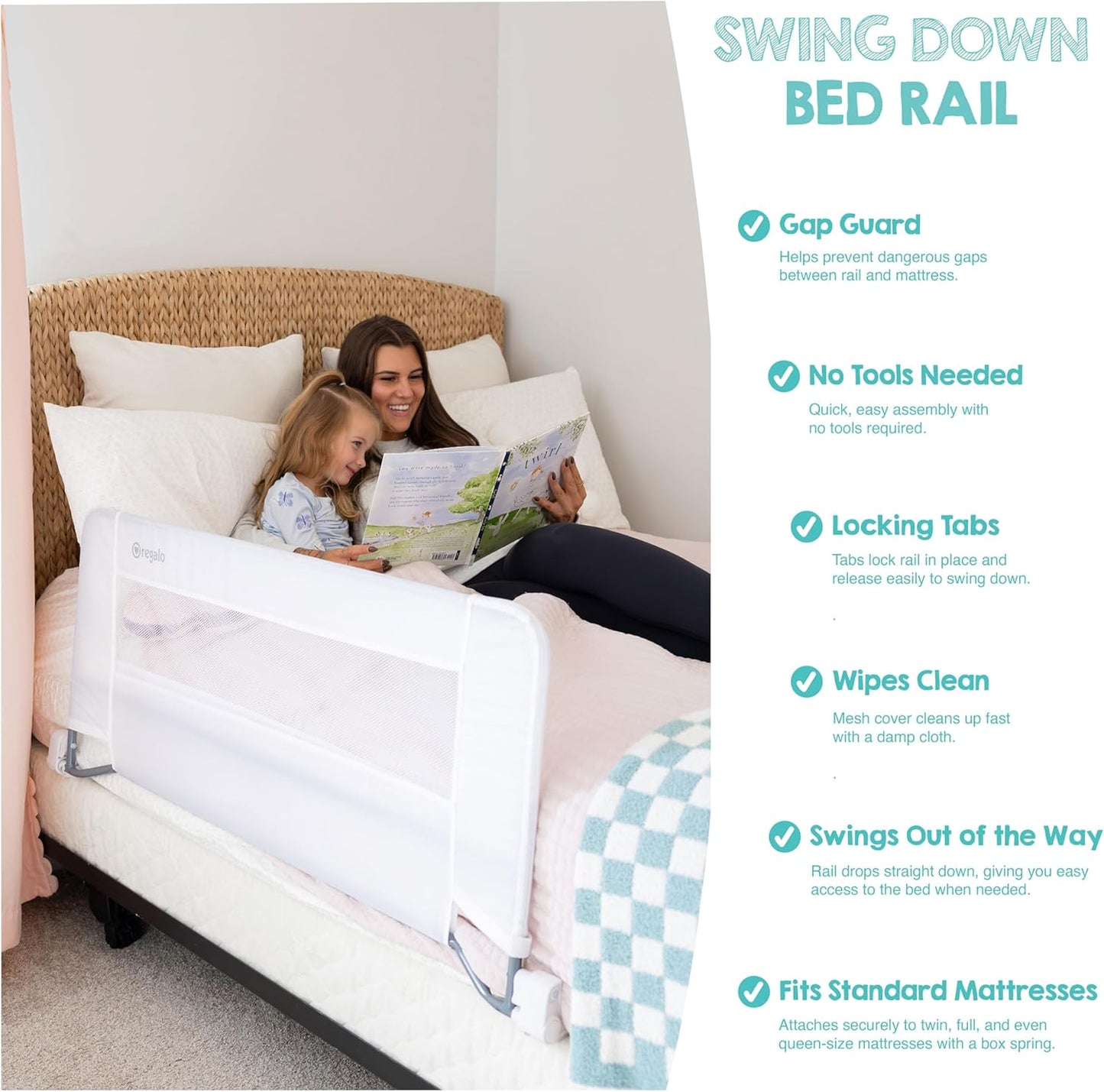 Regalo Safety Swing Down Bed Rail Guard for Toddlers, 43" Bed Safety Rail with Patented Gap Guard, Toddler Bed Rail Fits Twin, Full & Queen Beds, Guard Rail for Kids Bed, American Designed & Owned