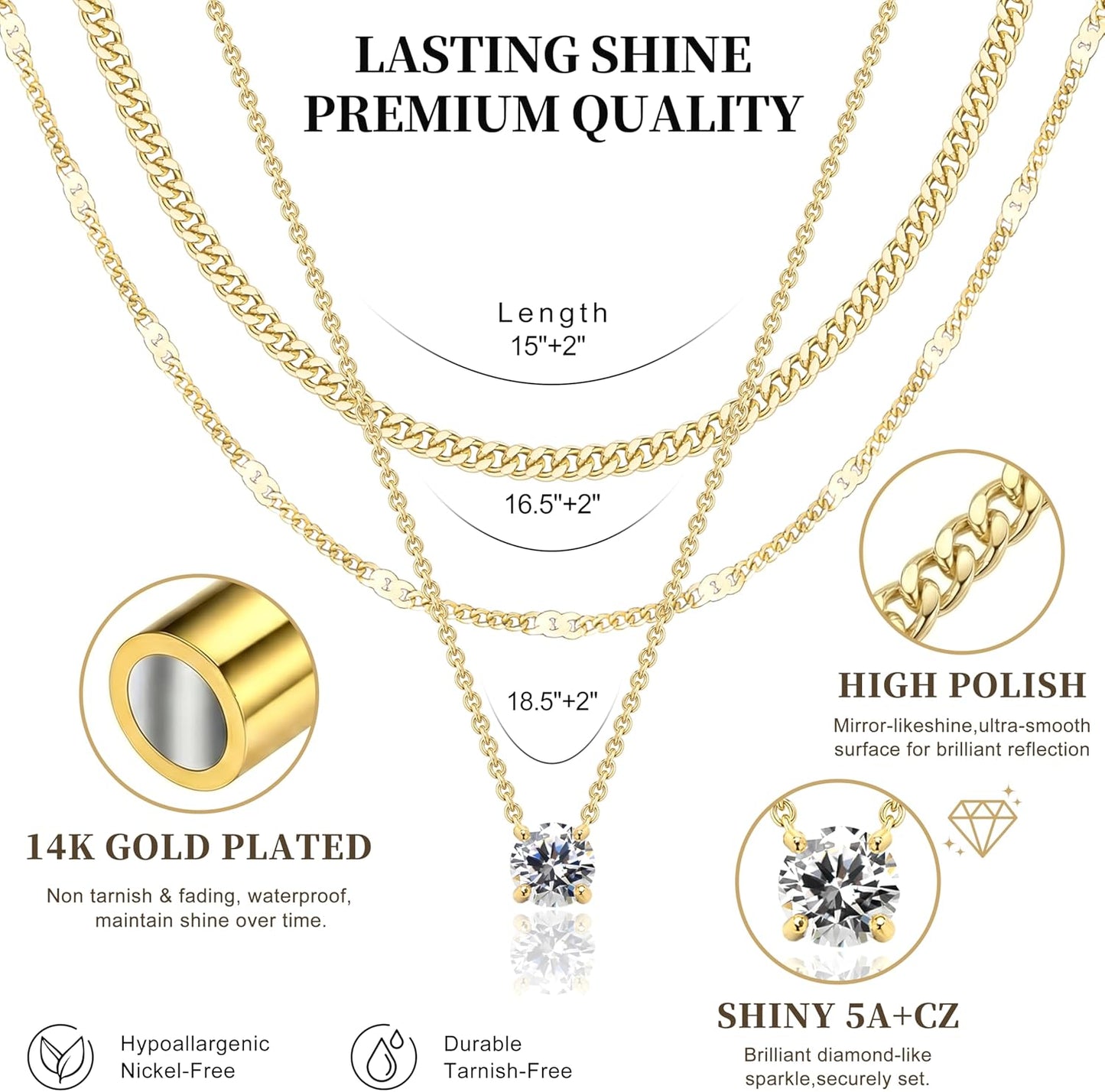 WomenGifts Layered Gold Necklaces for Women, 14K Gold Sterling Silver Plated Dainty Pendant Necklace Set with Cubic Zirconia Circle, Chunky Stackable Cuban Chain Choker, Trendy Personalized Birthstone Jewelry Gift Non Tarnish