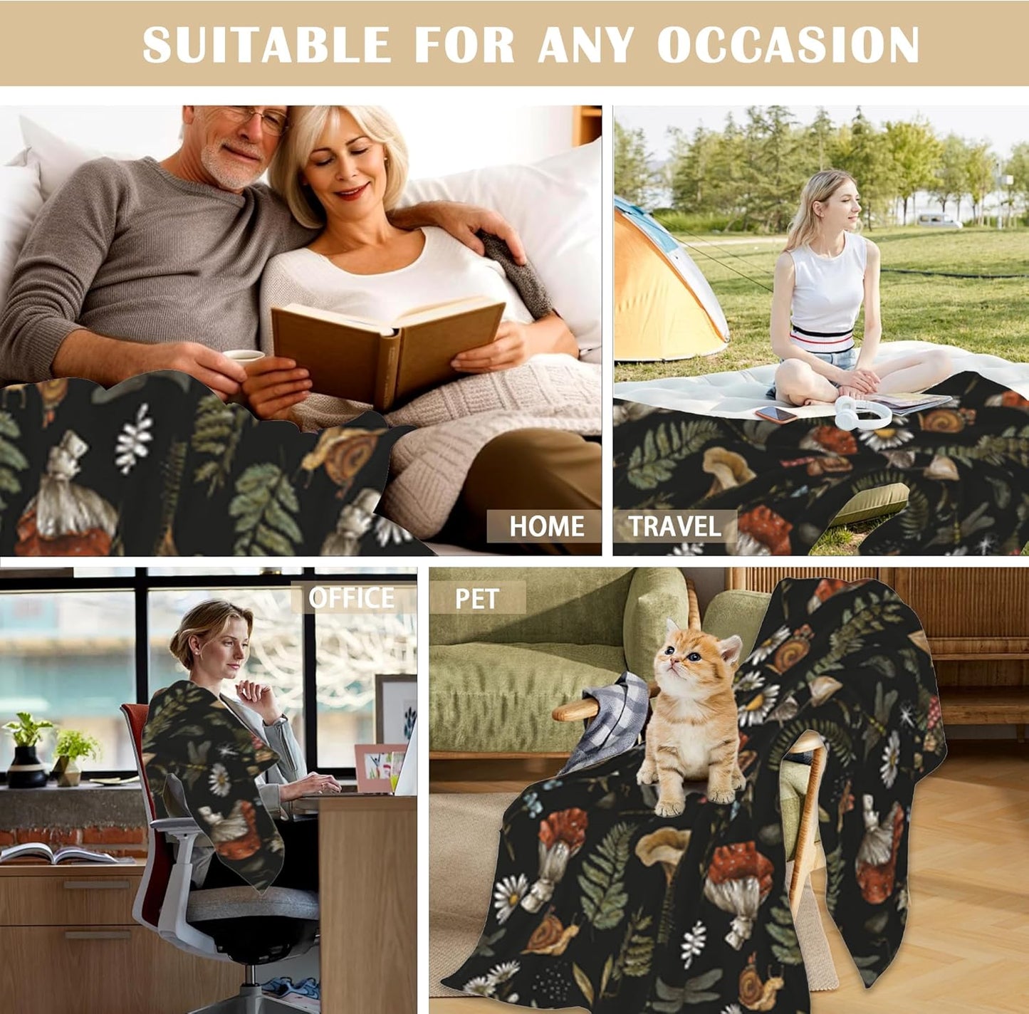 Elightvap Blanket Mushroom Fern Forest Plants Butterfly Blankets Warm Lightweight Throw Blanket All-Season for Couch Bed Man Women Girl 50"x60"