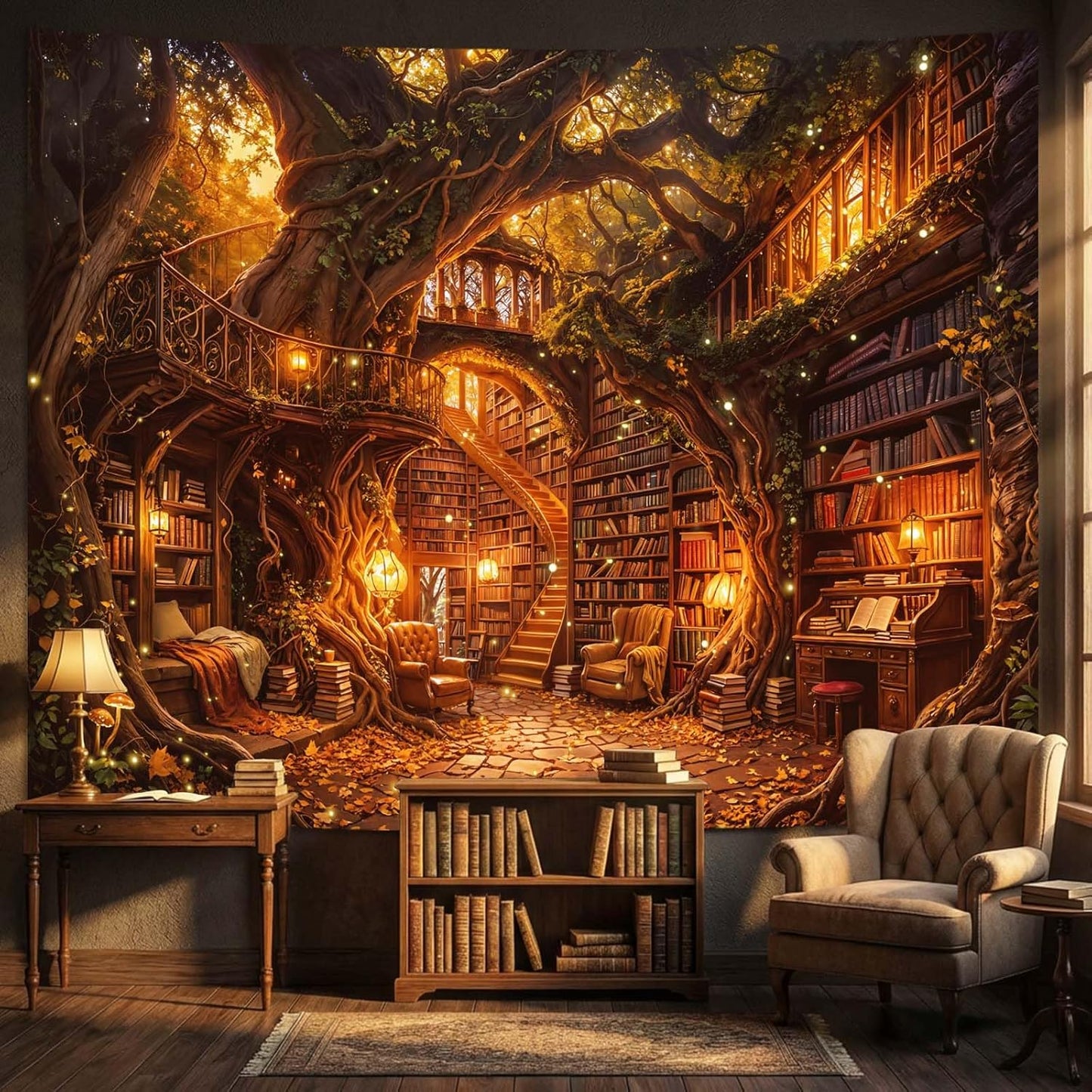 Kanuyee Magical Tree House Library Wall Tapestry, Fantasy Bookshelf Forest Art Tapestries for Room Decor, Enchanted Tapestry 80" x 60"