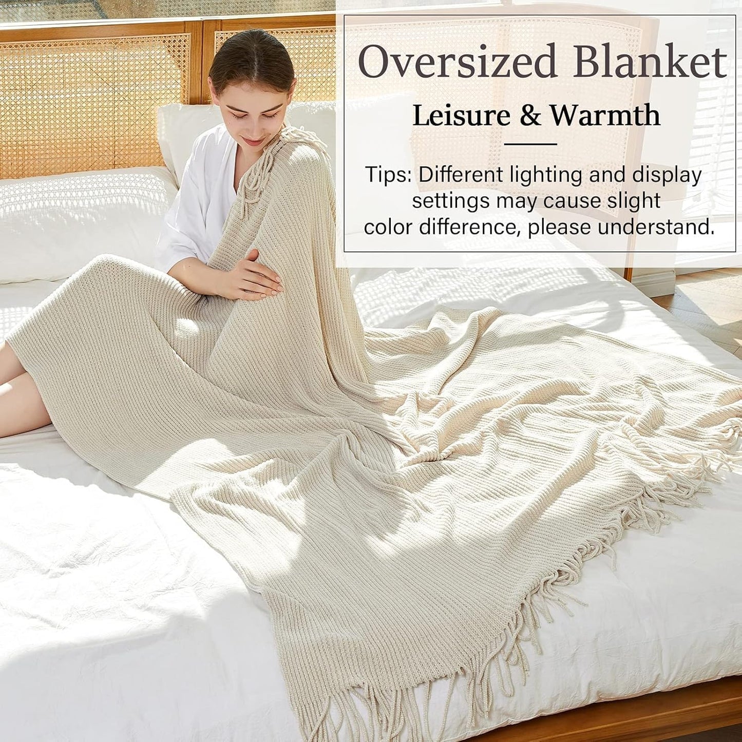 BLAGIC Knitted Throw Blanket for Couch Soft Farmhouse Boho Throw Blanket with Tassels Home Decorative Lightweight Throw Blankets, Throws for Bed/Chair/Sofa, Stripe Textured(Creamy White,50"W x 60"L)