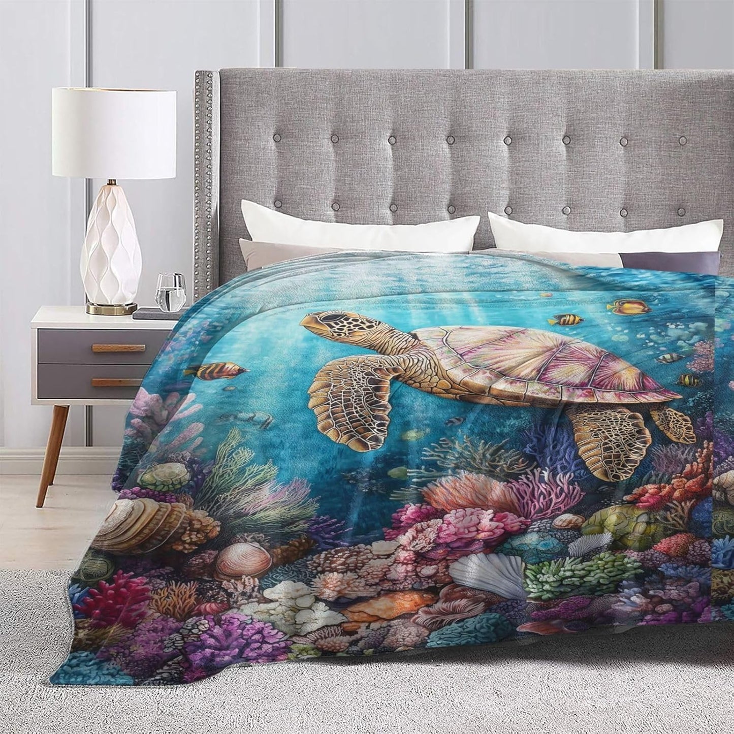 Sea Turtle Blanket for Women Kids Adults, Flannel Coral Ocean Animal Sea Turtle Throw Blankets Decor for Bed Living Room Sofa Couch Traveling, Soft Warm Lightweight Plush Turtle Gifts Stuff 50x60in