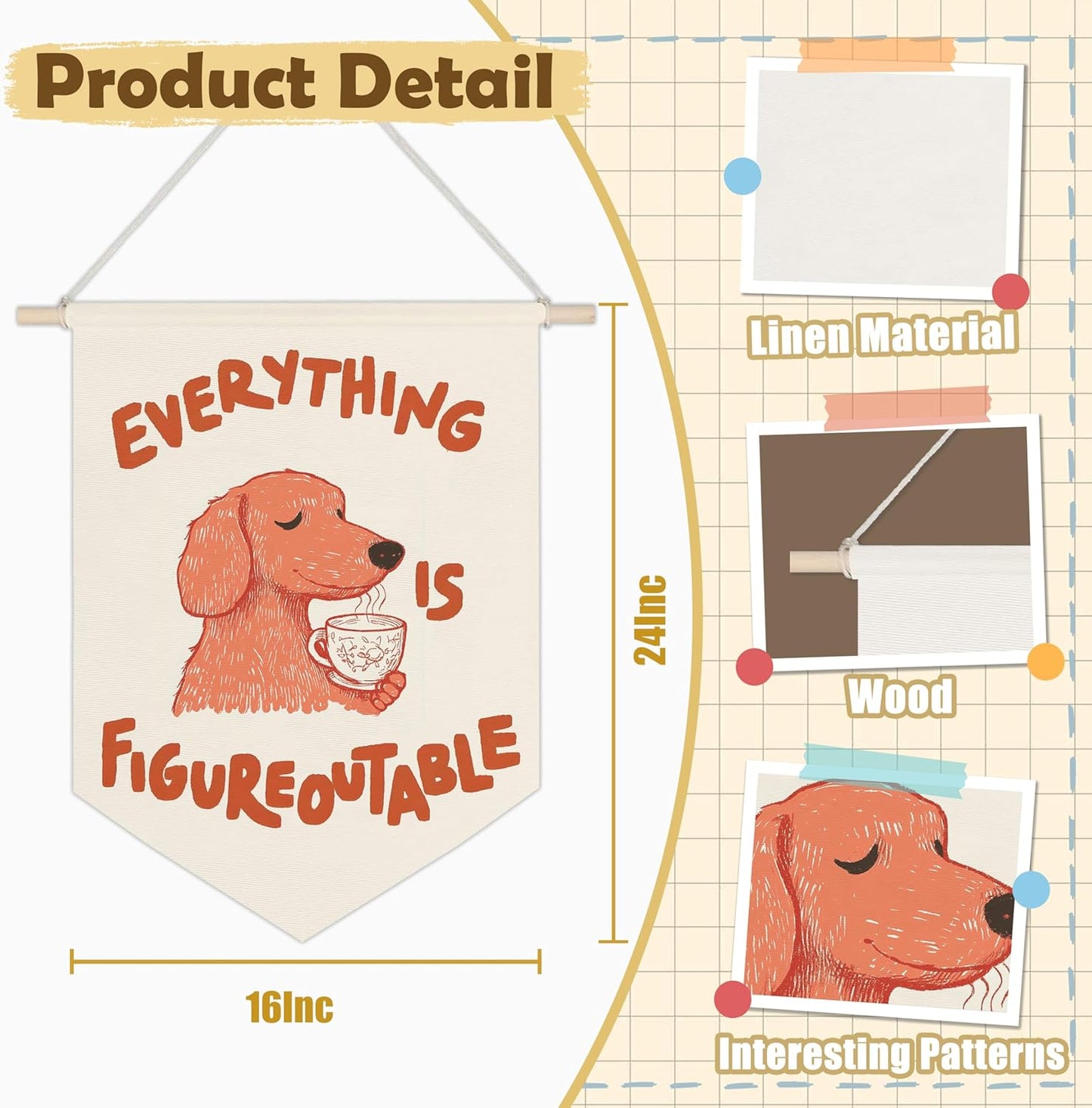 Funny Dog Inspirational Wall Banners, Everything is Figureoutable Humorous Hanging Pennant Banner Flags, Positive Quote Wall Art for Home Office Decor, Kitchen Wood Sign Decor