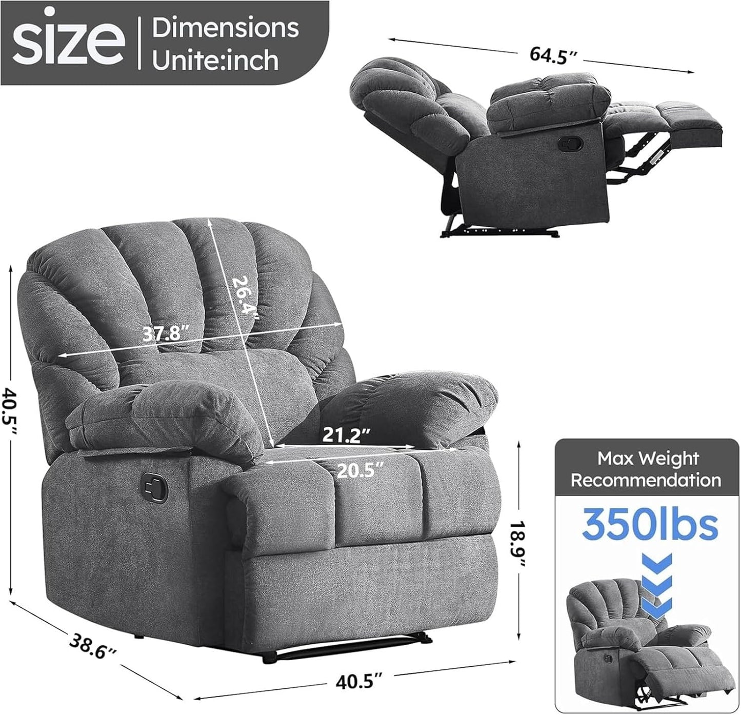 Manual Recliner Chair for Adults, Overstuffed Armrest Fabric Living Room Recliner Sofa, Ergonomic Leisure Chair Classic Single Sofa for Office, Home, Bedroom