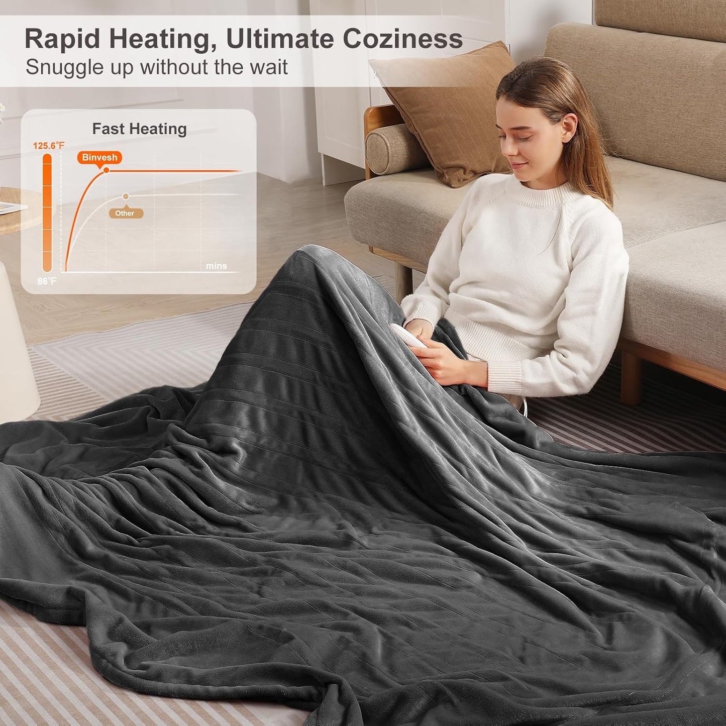 Electric Blanket Full Size Heated Blanket 72"x84" Soft Flannel Heating Blanket with 5 Heating Levels & 10 Hours Auto Off, Warm Gifts for Grandma & Grandpa & Seniors（Charcoal Grey）