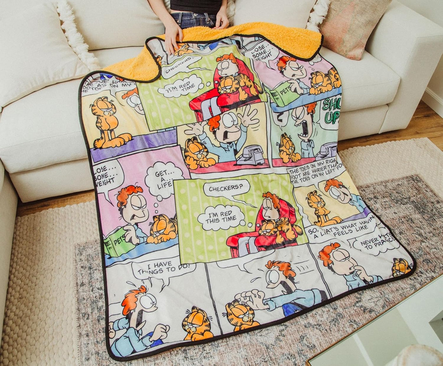 Garfield and Jon Comic Strip Panels Fleece Sherpa Throw Blanket | Soft Polyester Cover For Sofa, Bed | 50 x 60 Inches