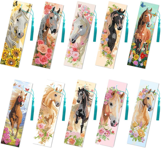 10Pcs Horse Flower 5D Diamond Art Bookmarks Floral Diamond DIY Painting Bookmarks Rhinestones Beaded Acrylic Tassel Bookmark for Adult Beginner Crafts