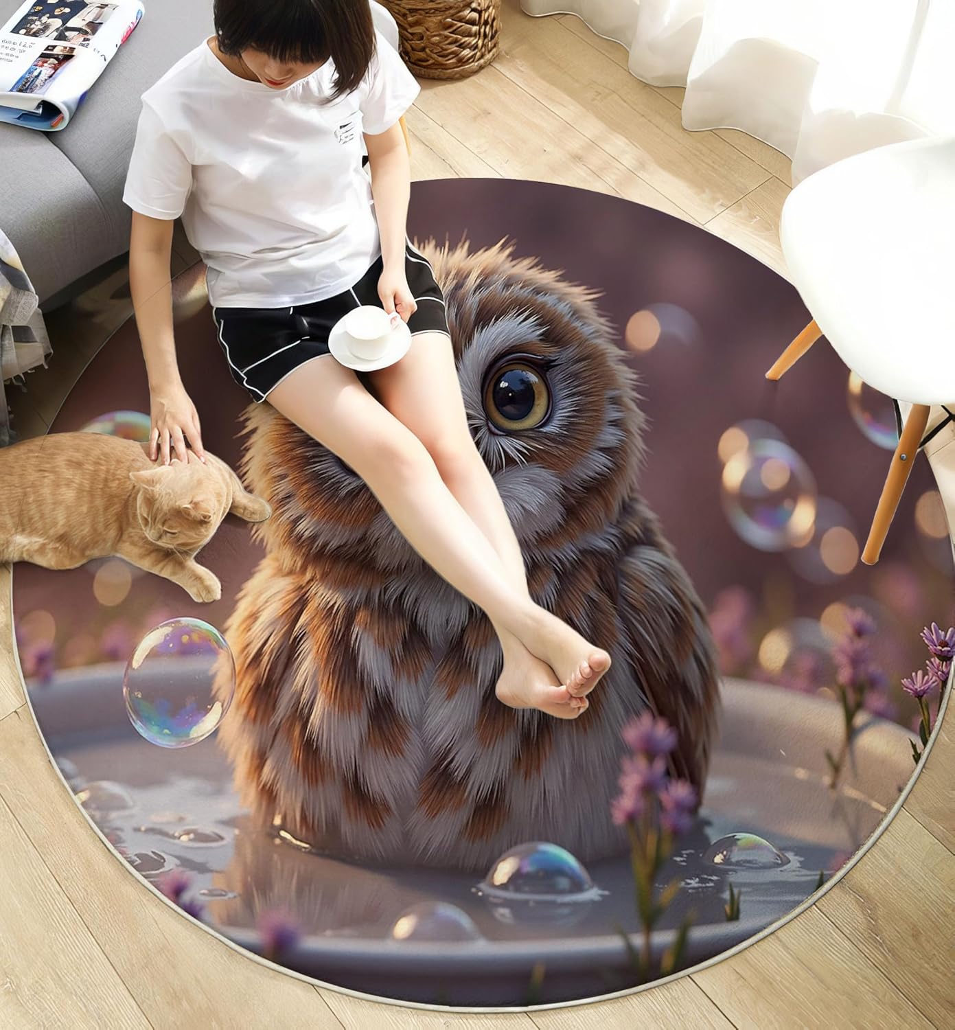 Round Rug for Kids Room, Cute Owl Bathtub Round Rugs 3Ft, Realistic Animal Style Circle Rug, Brown Washable Circle Carpet for Living Room Bedroom, Non Slip Low Pile Thin Area Rugs