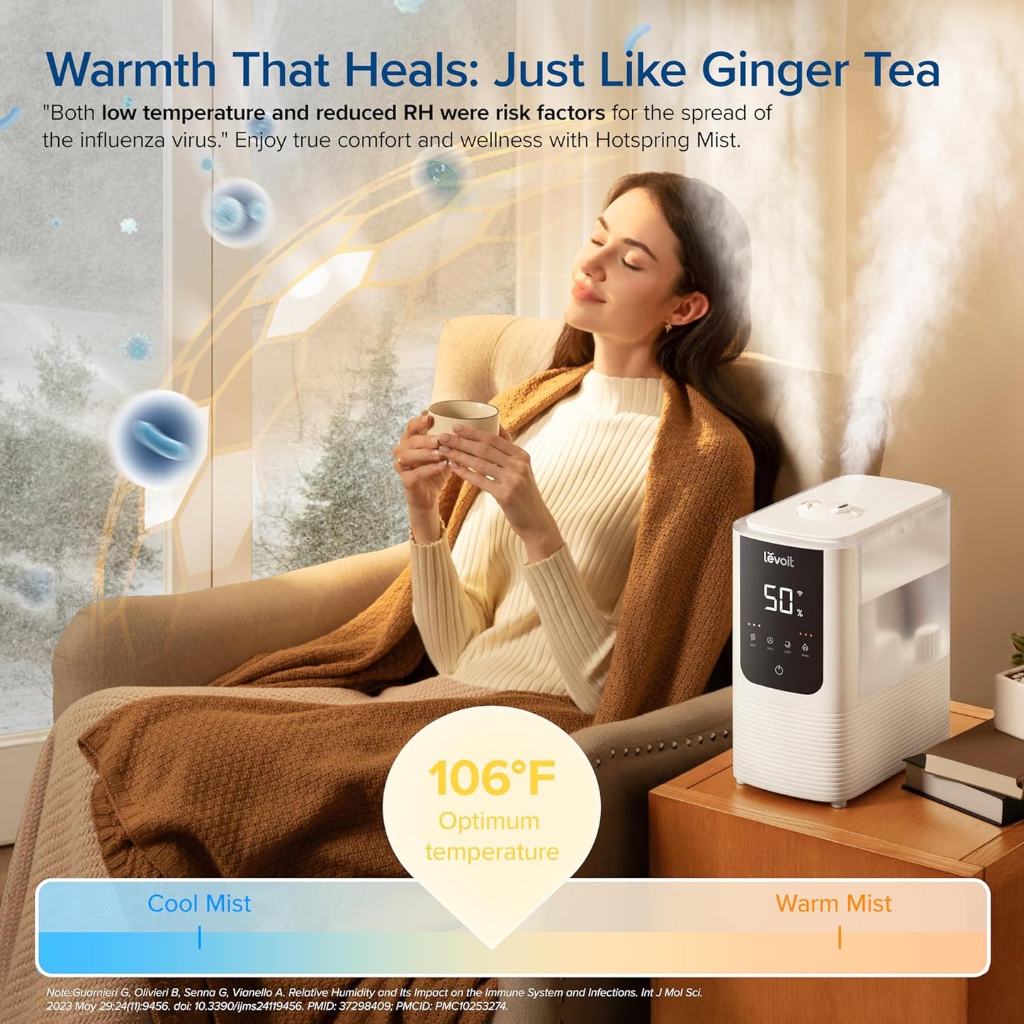 LEVOIT Humidifiers for Bedroom Home, Smart Warm and Cool Mist Air Humidifier for Large Room, Auto Customized Humidity, Fast Symptom Relief, Easy Top Fill, Essential Oil, Quiet, OasisMist4.5L, White