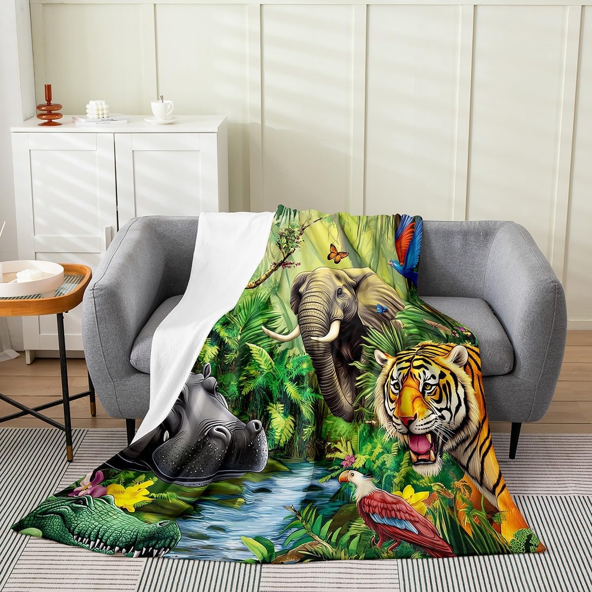 Jungle Animals Blanket Twin 60x80,Crocodile Hippo Elephant Tiger Throw Blanket for Kids Boys Girls,African Safari Animal Printed Fleece Blanket,Cartoon Zoo Theme Flannel Blanket Bedroom Decor