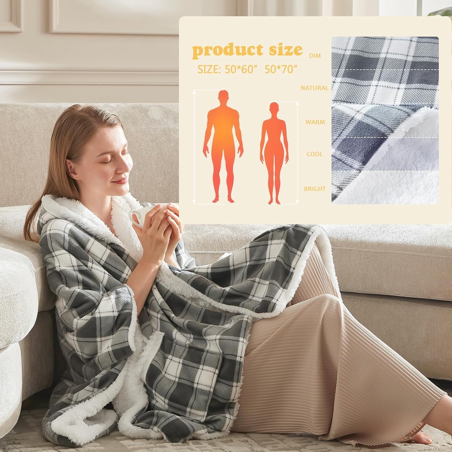 Wearable Heated Blanket - Warm Up Electric Blanket Hoodie with 6 Heat Levels, Snuggies for women, gifts for her, 50"x70", Black White Plaid