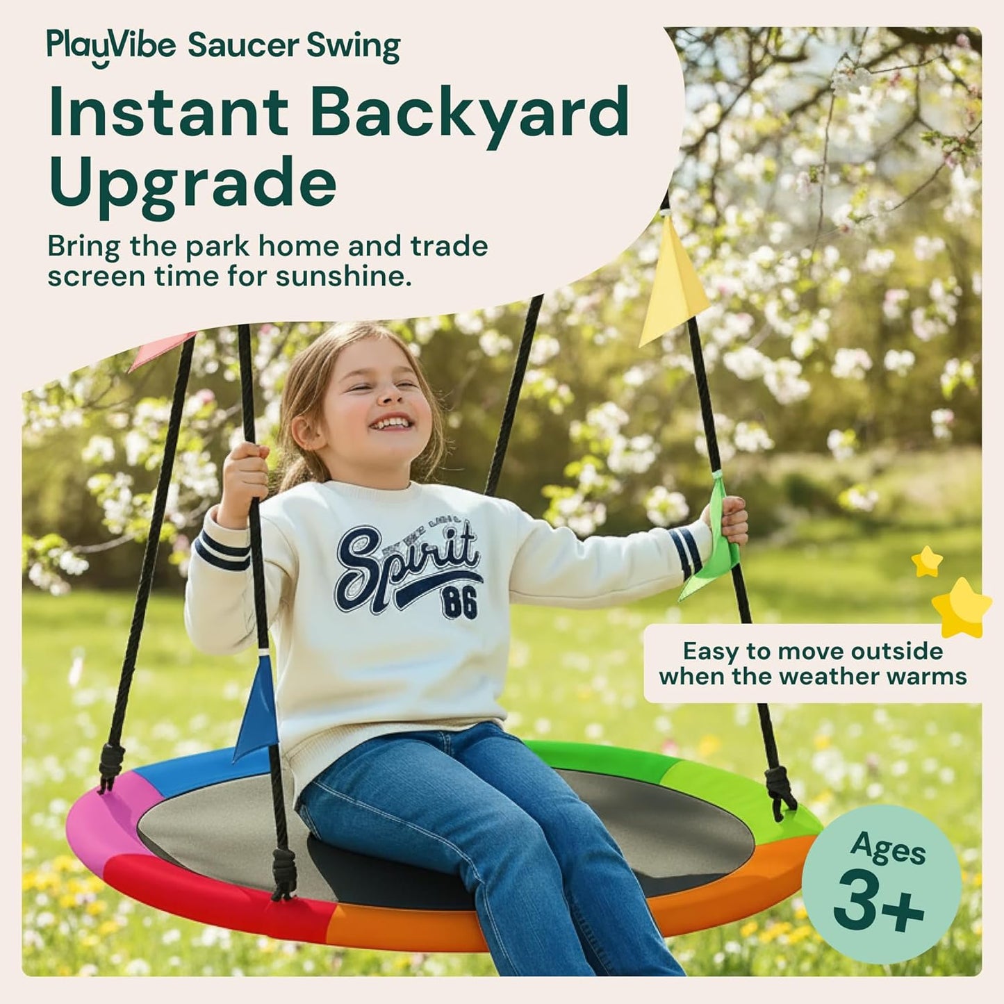 PLAYVIBE 40" Saucer Swing for Kids Outdoor - Gifts for Indoor Playroom & Birthday - Tree Swing Set for Backyard, 440 lb Capacity - Multicolor 600D Oxford Fabric & Adjustable Ropes, Straps & Carabiners