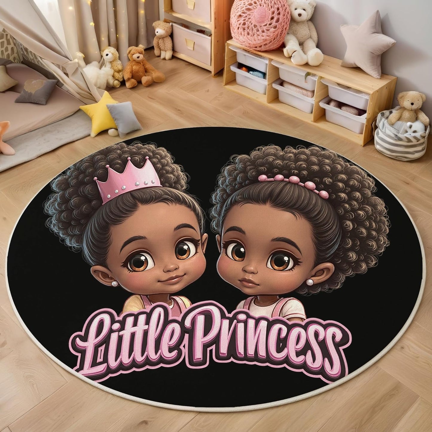 2Ft Round Washable Rug - Large Area Rug for Living Room Dining Room, Black Soft Bedroom Carpet with Cartoon Black Person Little Girl Pattern, Fun Illustration Décor, Low Pile Stain Resistant