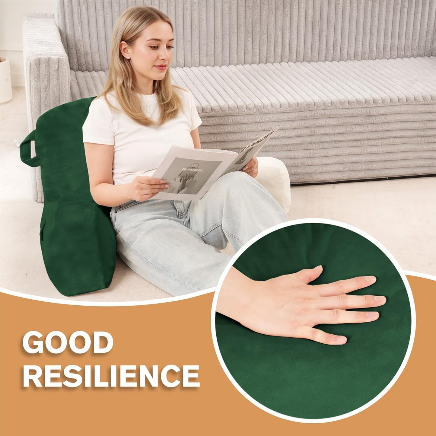 Portable Comfy Reading Pillows for Bed Sitting Up(Green Oeko-Tex), Velvet Back Pillow with Arms & Pockets for Adults, Support Memory Foam Bed Pillow for Dorm/Reading/Watching/Gaming