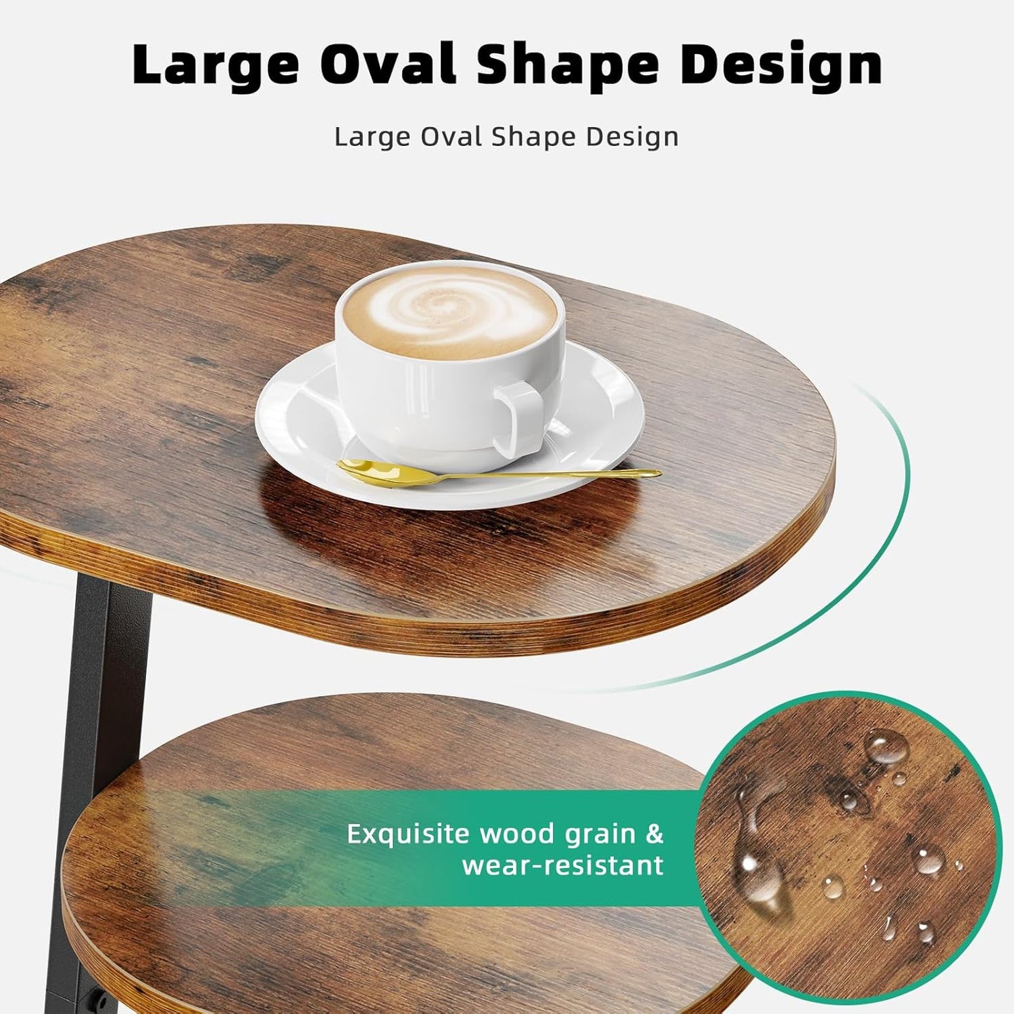 Side Table, Small End Table with Metal Frame, 3-Tier Bedside Tables, Round Side Tables for Living Room Bedroom Couch Bathroom, Oval, Vintage Brown