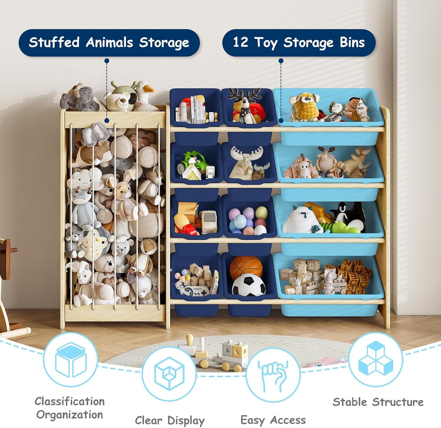 Kids Toy Storage Organizer, 2-in-1 Stuffed Animal Storage & Toy Organizer w/12 Bins, Solid Wood Toy Rack Featuring Thicker Elastic Ropes, Playroom Nursery Bedroom Storage, Blue