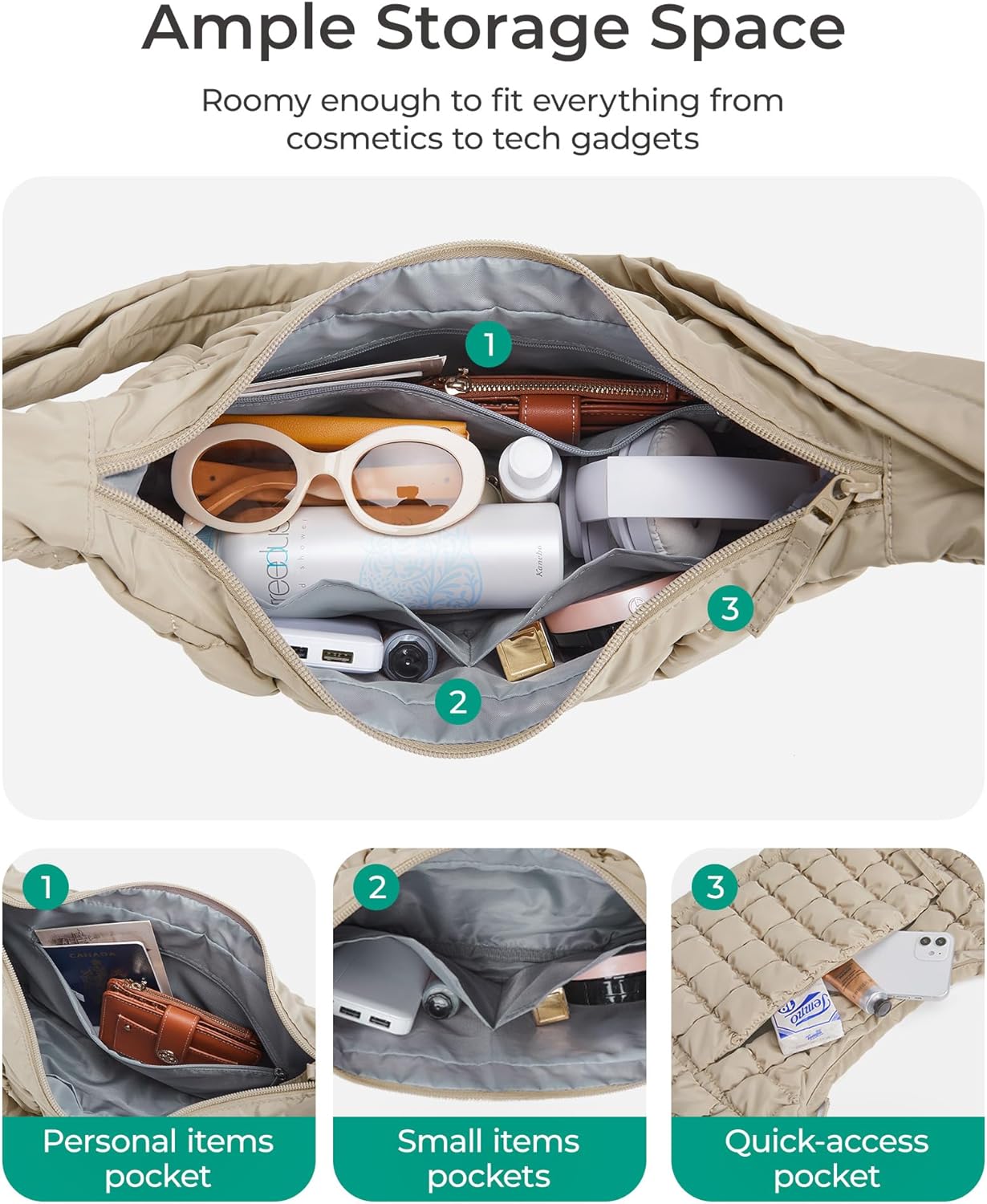 BAGSMART Crossbody Bags for Women, Quilted Puffy Purses for Women, Fluffy Travel Essentials Shoulder Hobo Bag | Compact Purse, w/ adjustable Strap, scratch-resistant, water-resistant, Daily use, travel, weekend getaways