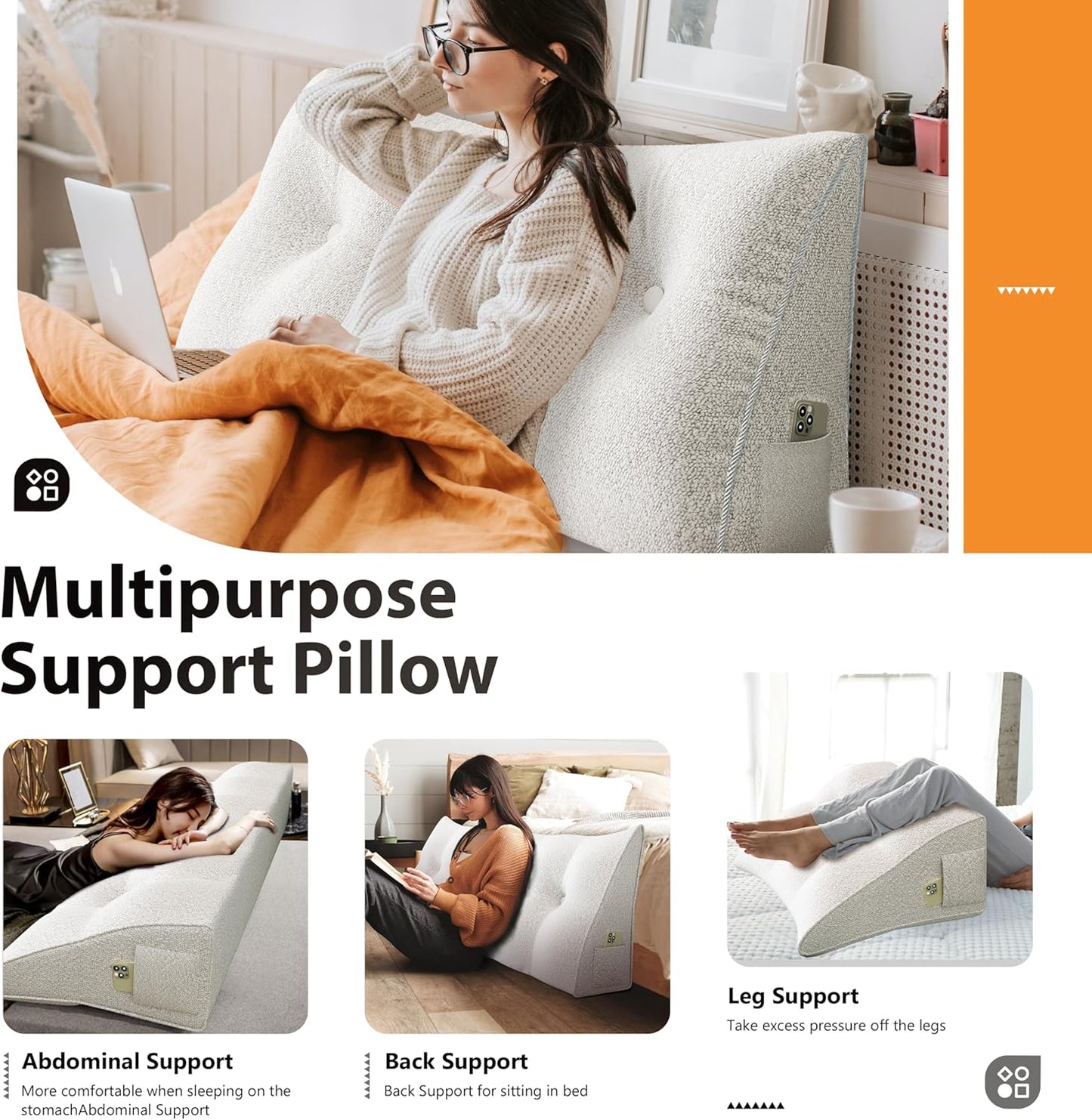 Triangle Reading Pillow XXL Full Size XXL Wedge Headboard Extra Large Back Support Pillow for Sitting up in Bed Daybed Bolster Backrest Cushion Velvet Ivory