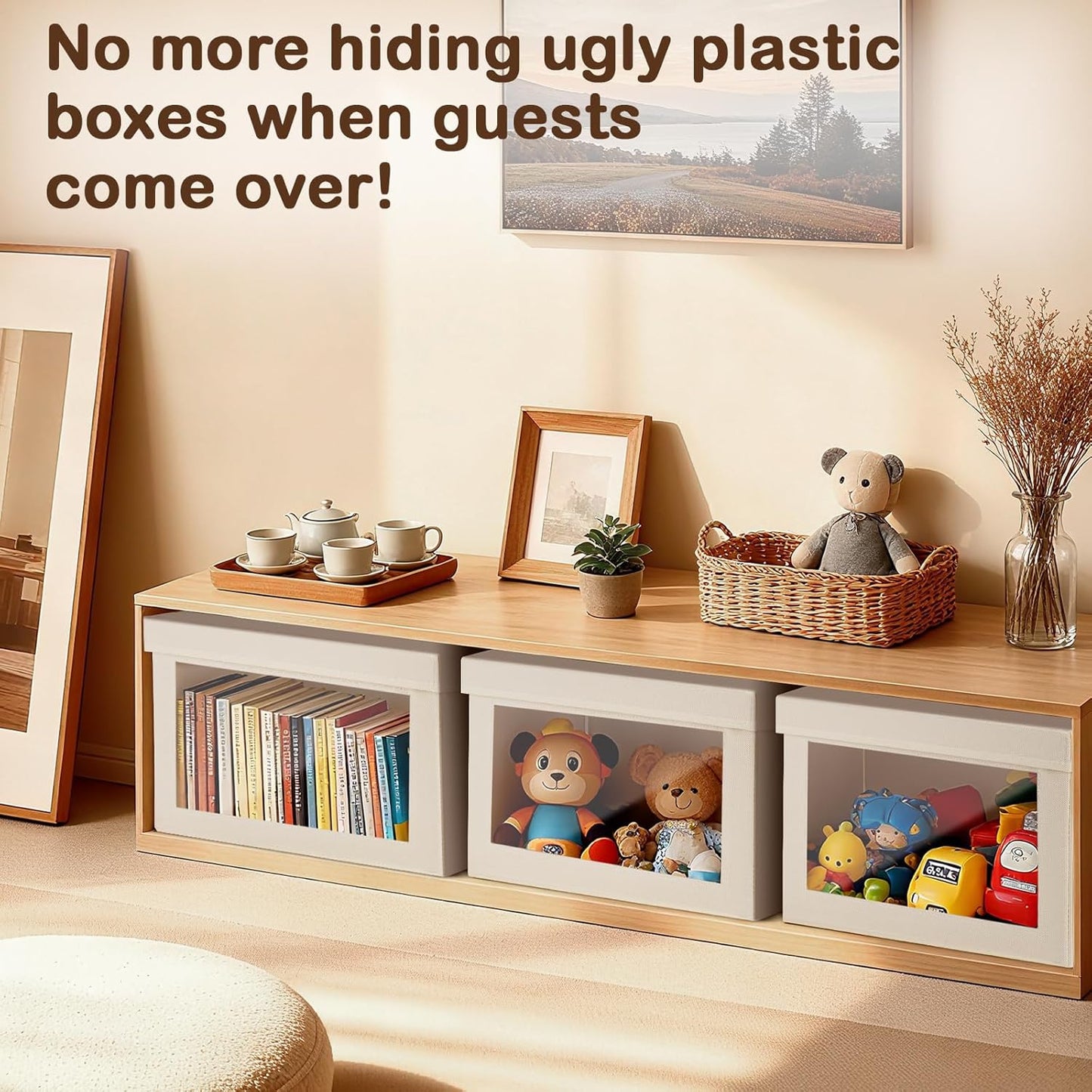 Collapsible Toy Storage Bins 6 PCS with Lids & Clear Window, Fabric Organizers with Handles for Closet, Nursery, Playroom | Beige Decorative Storage Boxes (14.5x9.4x9.8 Inches)