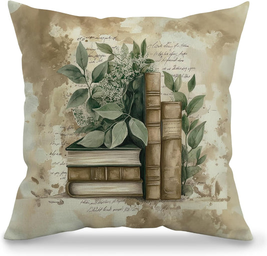 Vintage Botanical Books Pillow Cover 18x18, Reading Nook Corner Room Decor, Book Lover Reader Librarian Gifts Decorative Throw Pillow Cover Case for Home Library Classroom