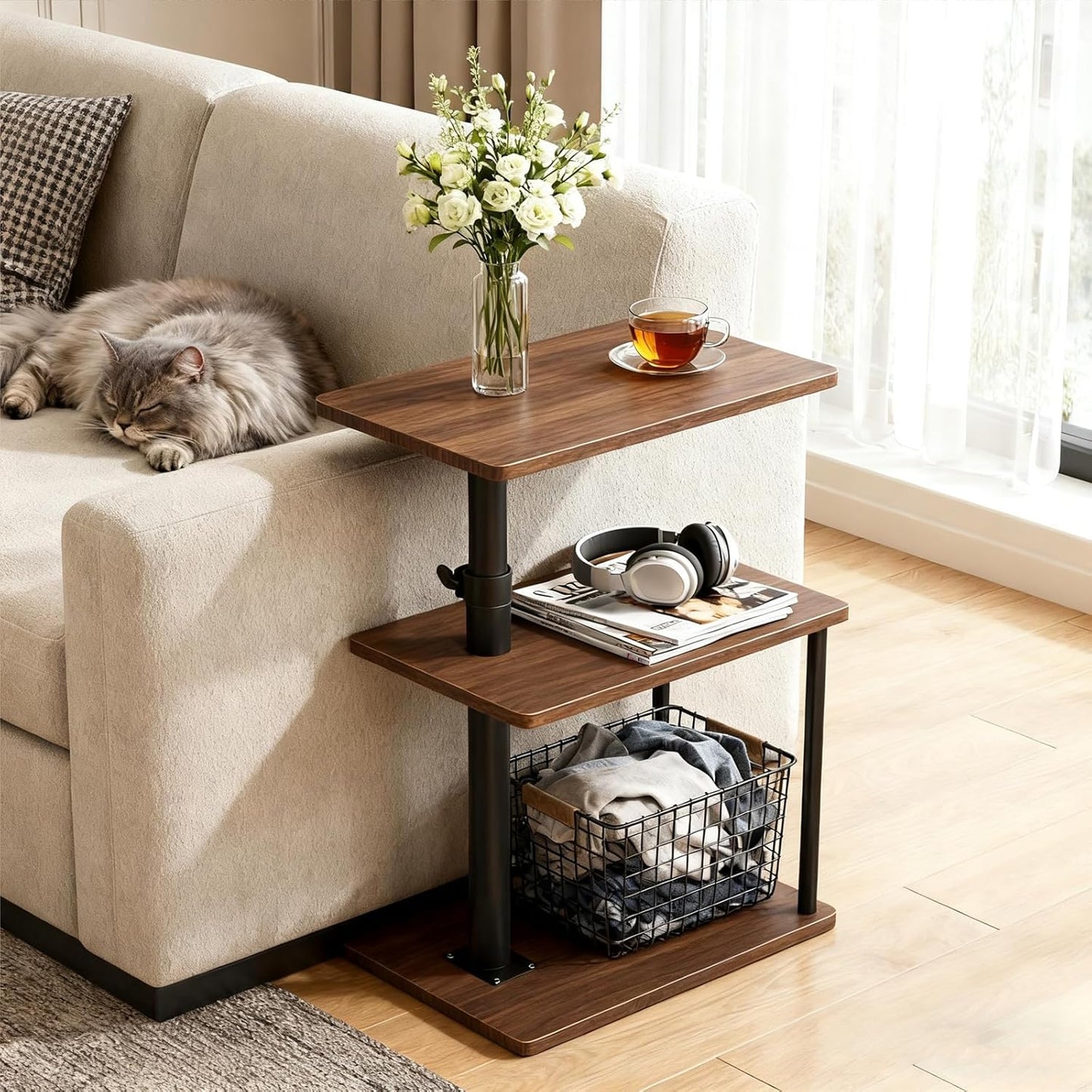 Swivel Side Table for Couch Arm, Height Adjustable C Shaped End Table for Recliner or Bed, Tv Trays with Storage Shelf for Small Spaces- Small Nightstand for Living Room, Bedroom