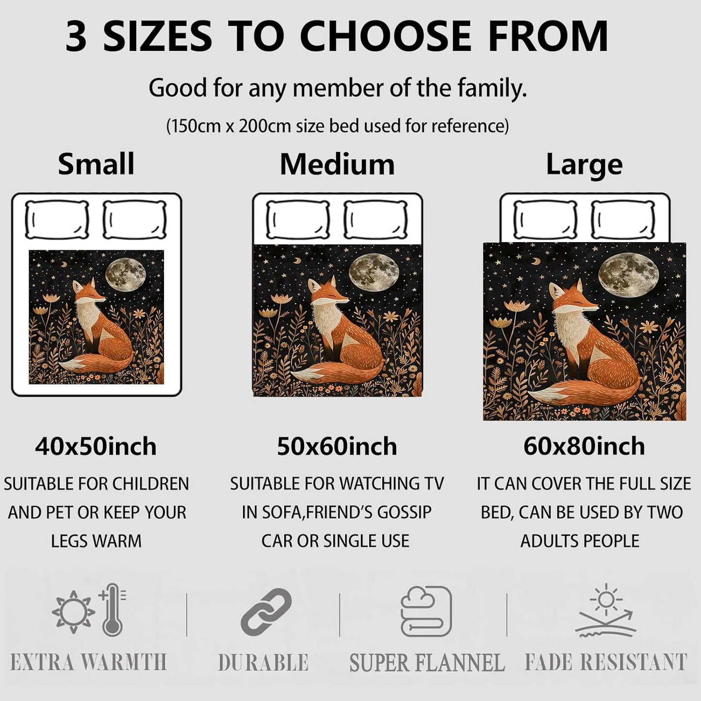 Forest Fox Moon Throw Blanket Gifts for Women Adults Girls, Soft Fuzzy Warm Cozy Flannel Blankets for Bedroom, Travel, Couch, Home Decor 50x60 in