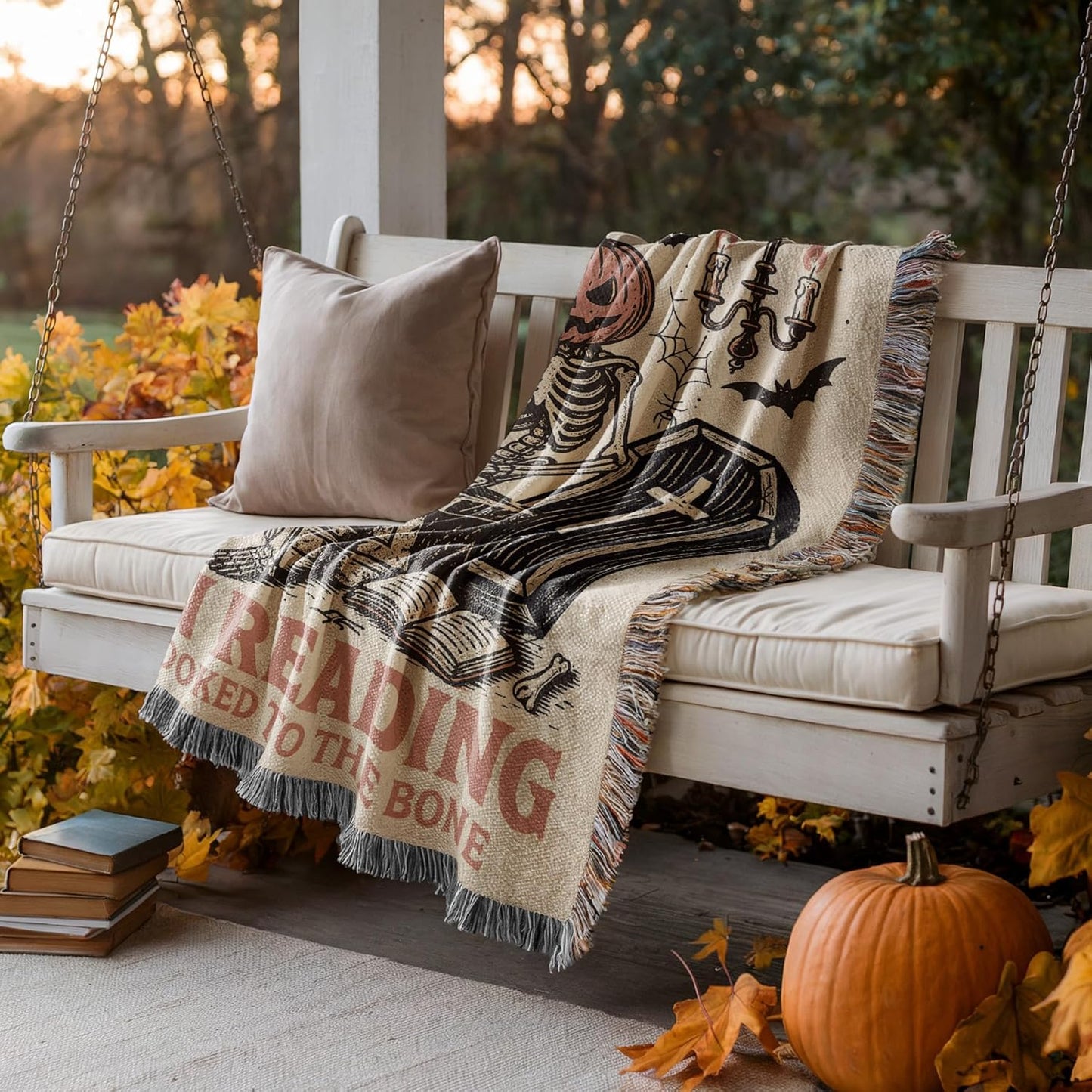 Dead Set on Reading Woven Blanket – Spooky Bookish Throw for Cozy Readers