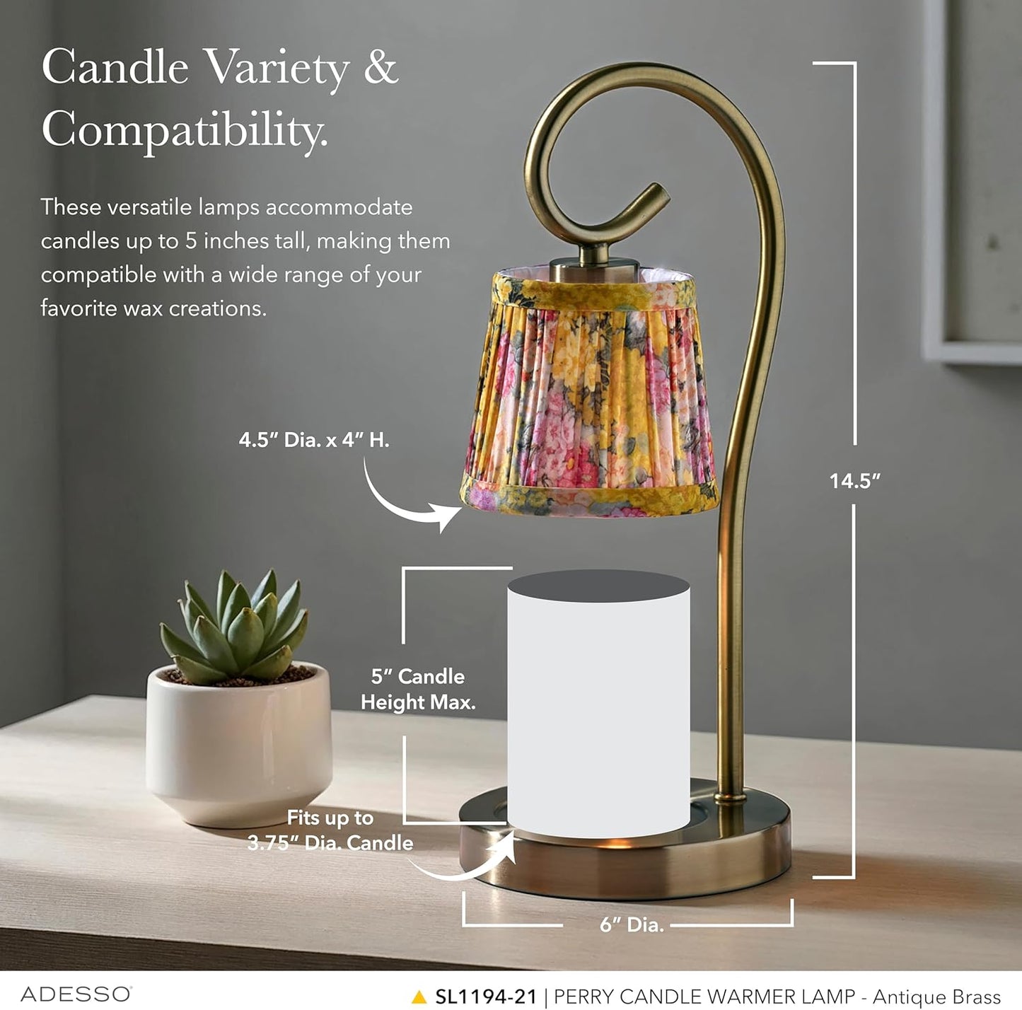 Adesso Candle Warmer Lamp – Flameless Candle Melter with Adjustable Timer & Dimmable Light, Bulb Included, Antique Brass Base & Floral Printed Shade, for Home, Dorm, or Office