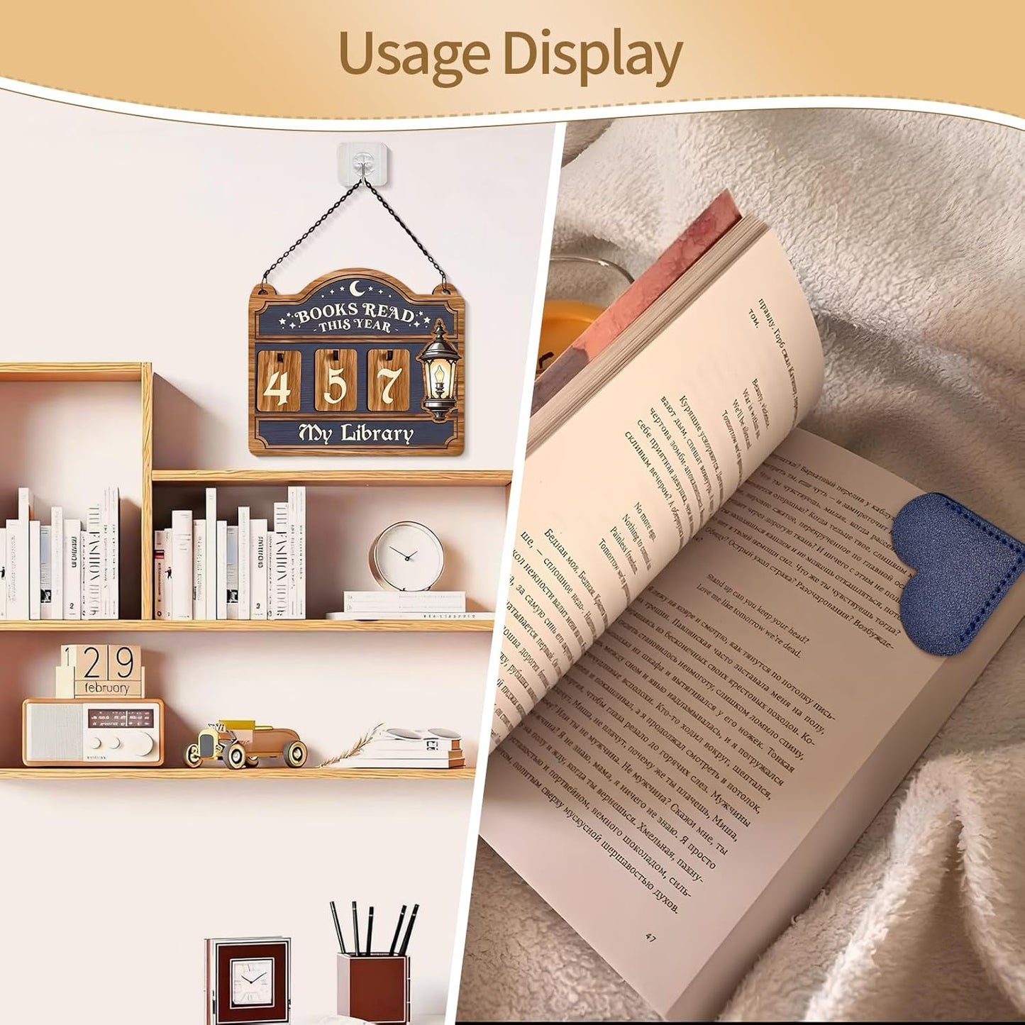 Books Read This Year Counter Decorative Signs with 4PCS Heart-Shaped Bookmarks, Reading Tracker Sign, Beautiful Book Decor for Home Library, Bookshelf & Wall, Gift for Book Lovers, Librarians,Teachers