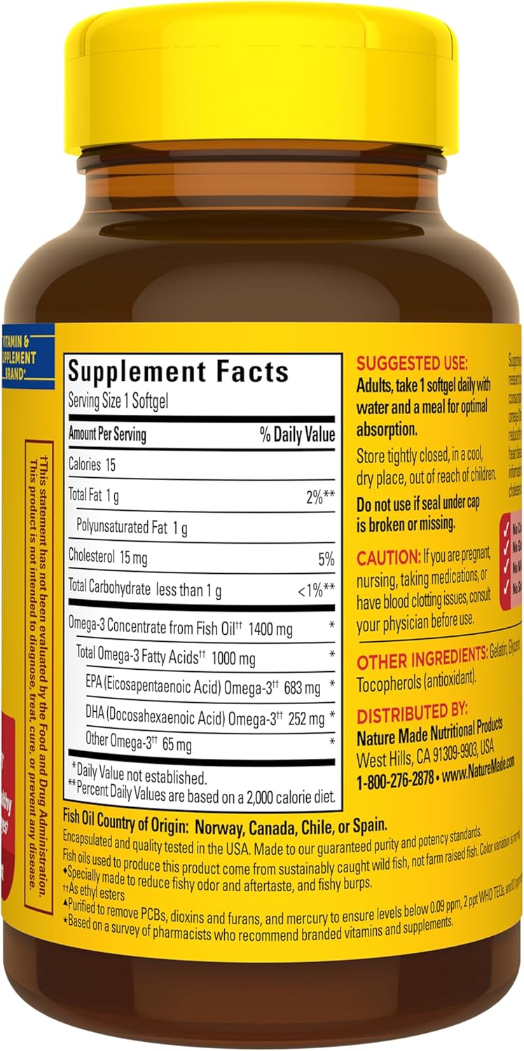 Nature Made Extra Strength Omega 3 Fish Oil Supplements, 1400mg, Fish Oil Omega 3 Supplements as Ethyl Esters for Healthy Heart, Brain, Eyes, Mood Support, 45 Softgels, 45 Day Supply