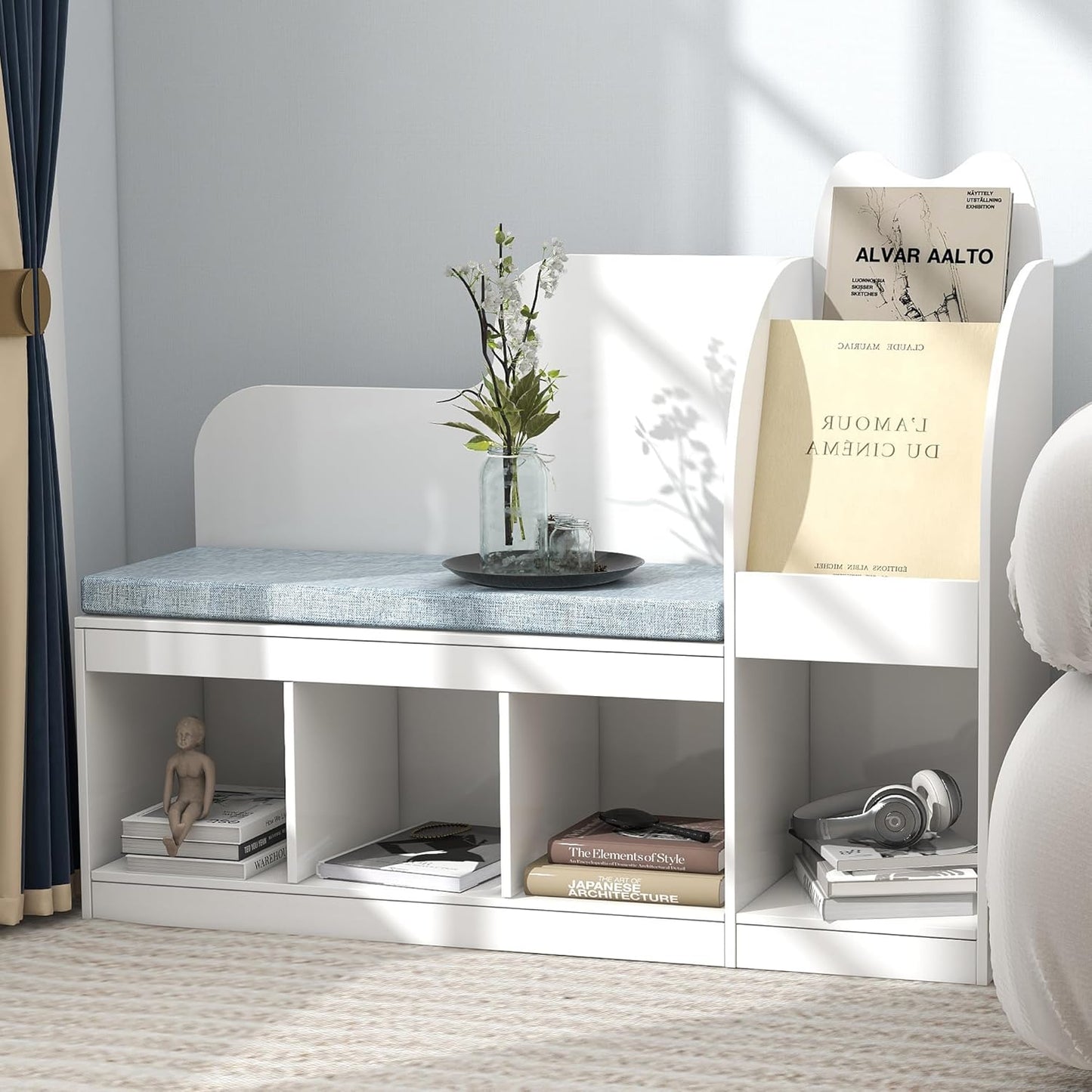 TaoHFE Reading Nook for Kids with 4 Storage Cubes and Cushion, Kid Bench with Kids Bookshelf and Toy Storage, Multifunctional Kids Reading Nook for Living Room, Kid Room, Nursery, White