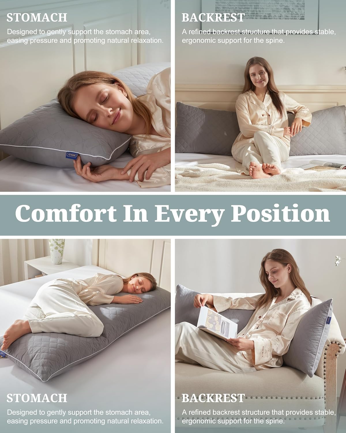 YZ HOME Long Body Pillow for Adults - Firm Body Pillow Insert with Shredded White Memory Foam, Adjustable Height, Soft Support for Side Sleeping, Pregnant Women, Washable (Grey, 20x54 Inch)
