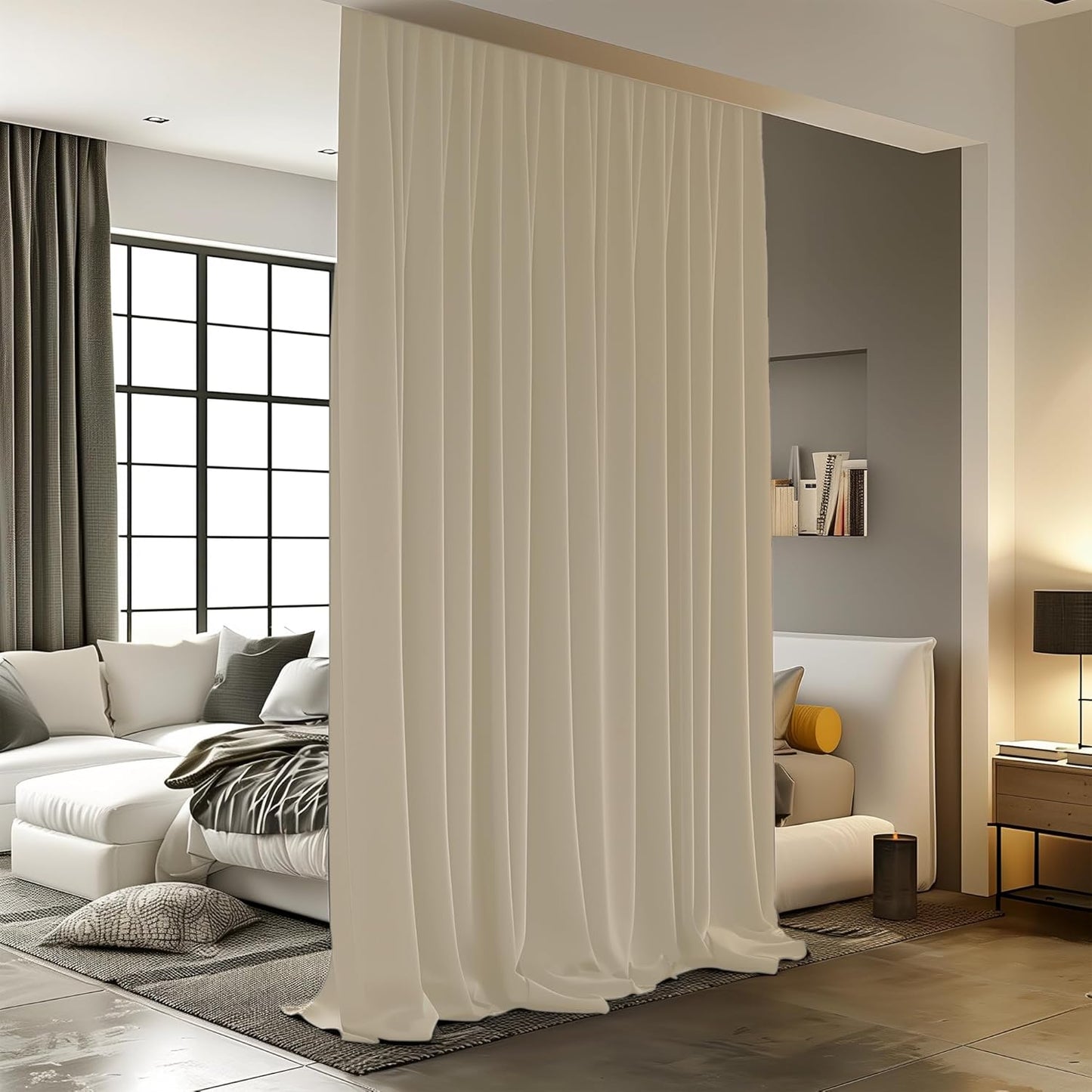 Room Divider Curtain, 8.3 ft Wide x 7 ft Tall, Cream Beige, 1 Panel, Blackout, Noise Reduction, Privacy, Curtain for Wall Ceiling Mount Track