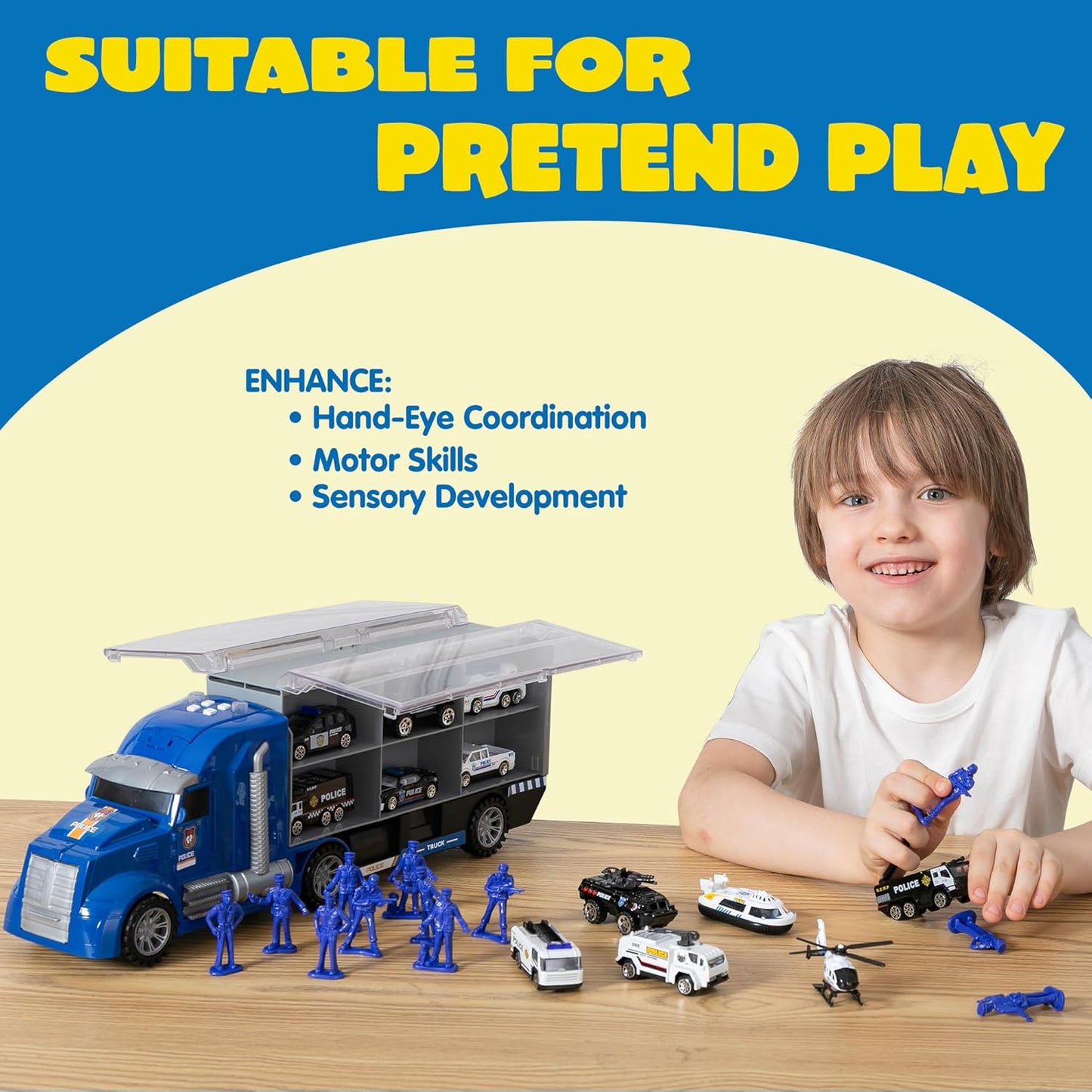 JOYIN 25 in 1 Police Rescue Truck Car Toy Set with Sounds and Lights, Mini Vehicles in Carrier Truck, Play Police Patrol Rescue Vehicle Toy, Birthday Gifts for Over 3 Years Old Boys, Easter Basket
