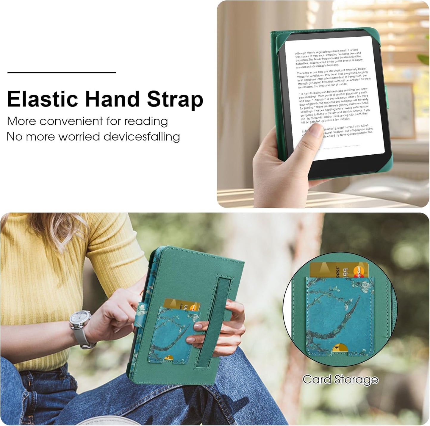 Universal Case for 6-inch Kindle eReader Compatible with Kobo/Voyaga/Pocketbook/Tolino E-Book Reader,6'' eReader Protective Cover with Built-in Card Slot,Flower