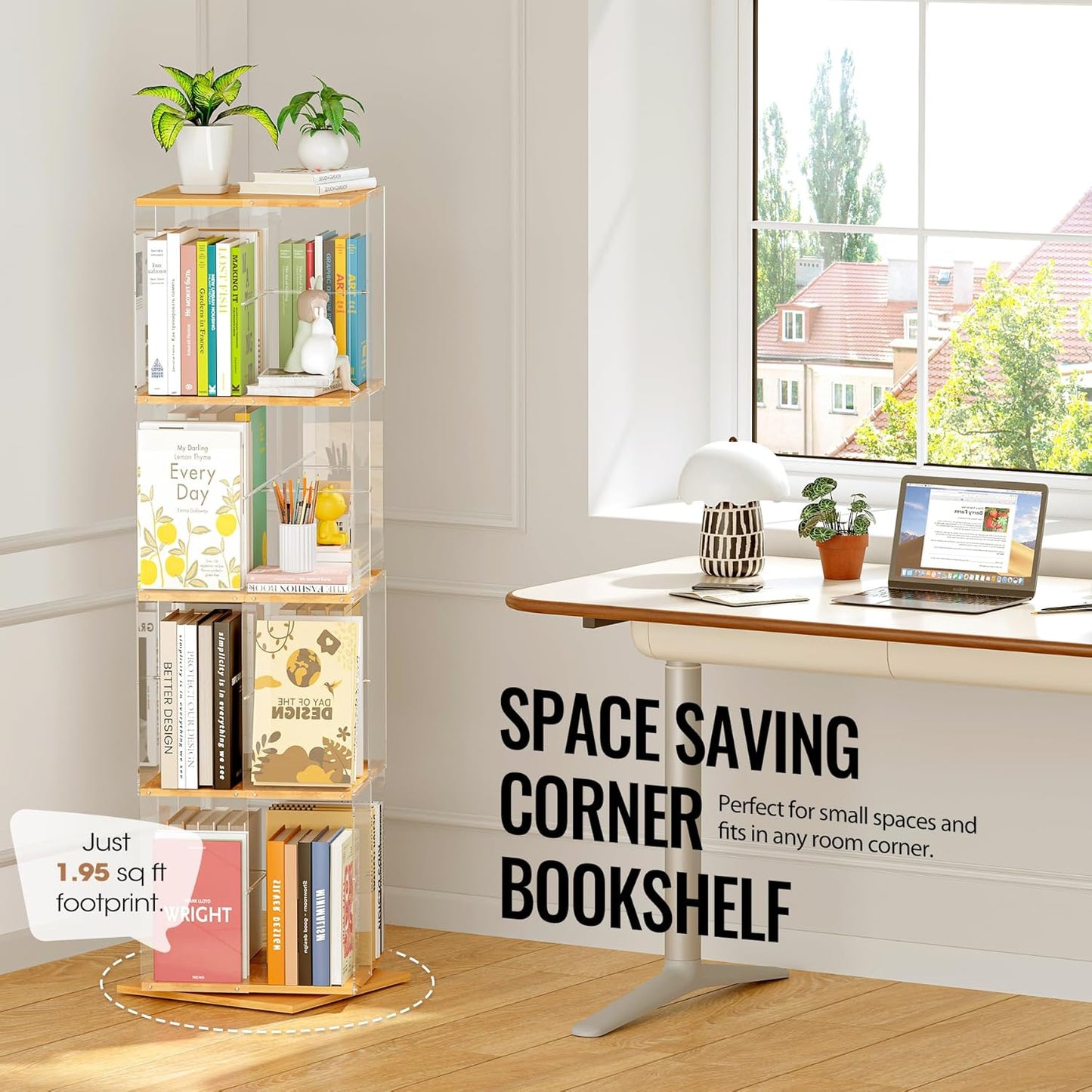 Rotating Bookshelf, 360 Degree Revolving Bookcase, 4-Tier Spinning Bookshelf, Clear Acrylic & Solid Wood Rotating Bookcase for Kid’s Playroom, Bedroom and Living Room, Square