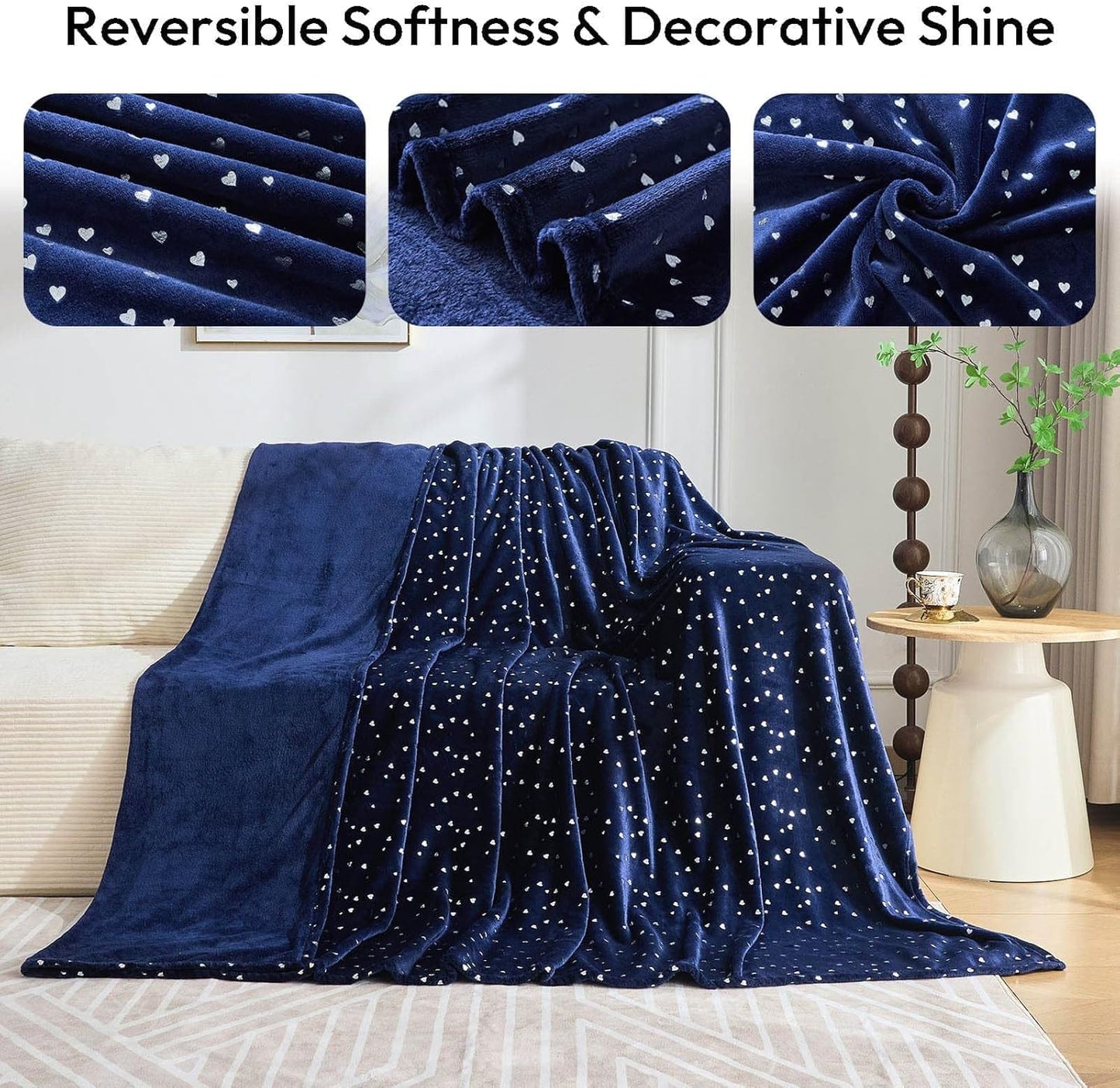 NANPIPER Fleece Blanket Heart Foil Print, King Size Soft Thick Microfiber, All Season Warm Lightweight Throw for Couch/Bed, 90"x108" Navy Blue