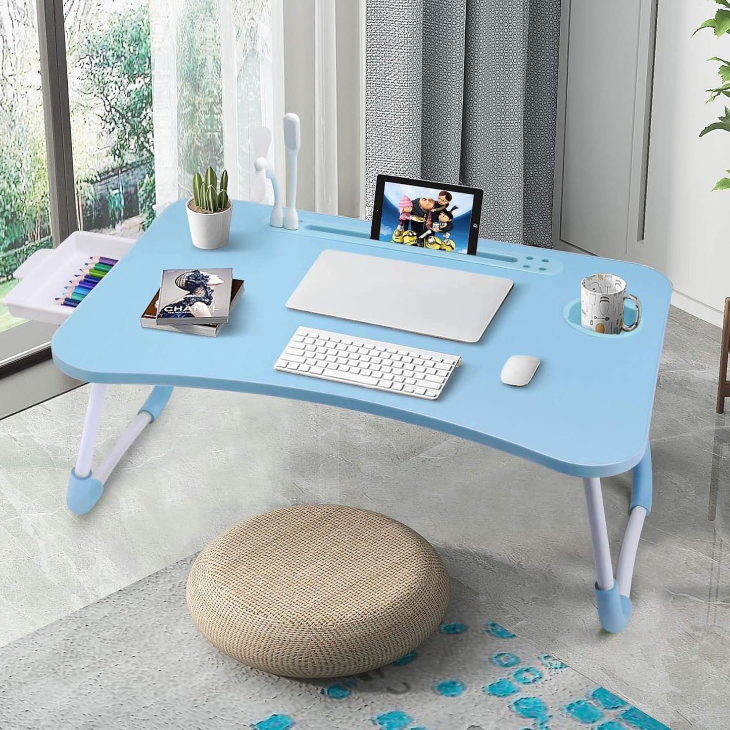 Slendor Lap Desk with Tablet Slot, Foldable Laptop Table with Storage Drawer for Bed，Portable Bed Desk for Laptop, Computer Tray with Cup Holder Notebook Stand Reading Holder for Couch Floor, Blue