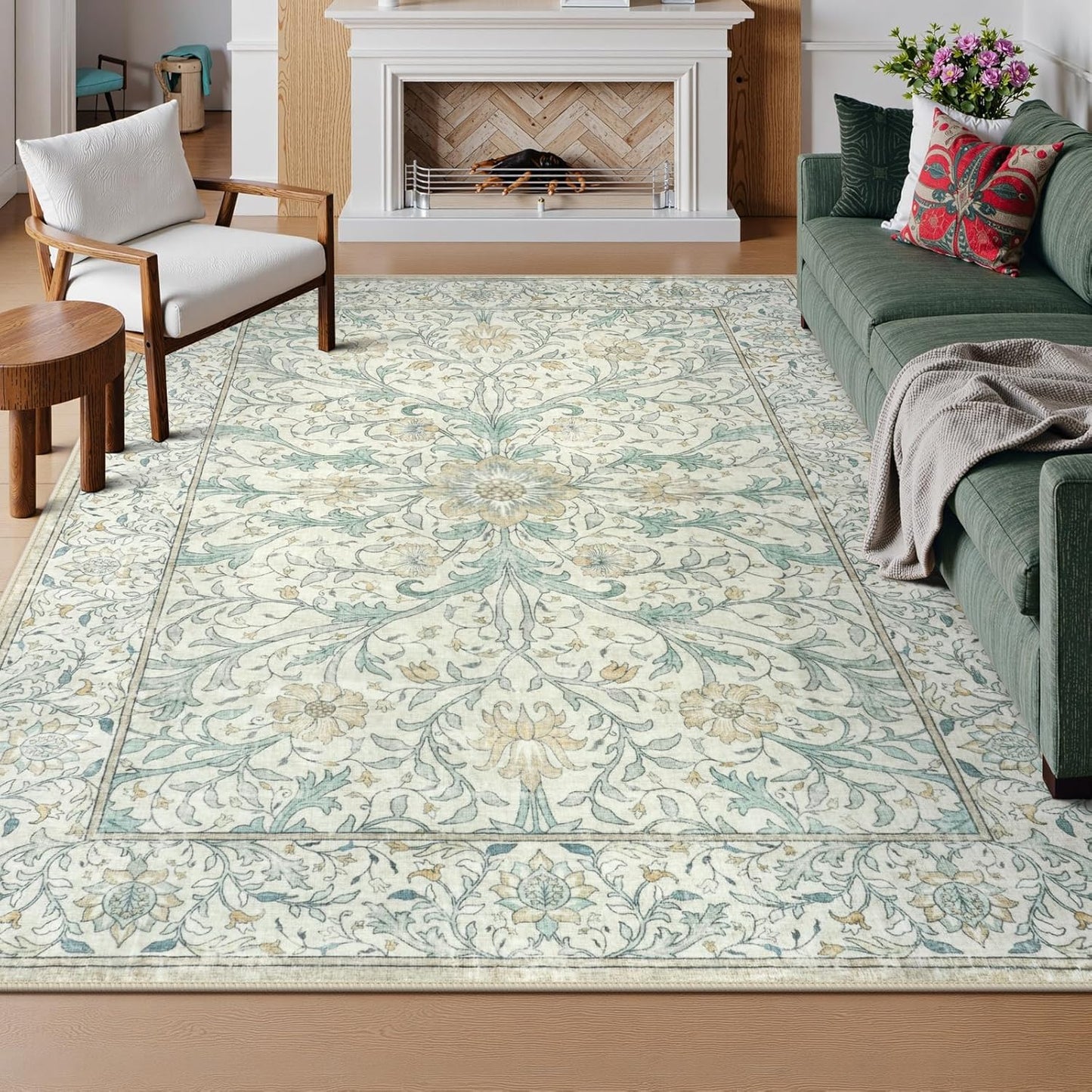 Collive 8x10 Area Rugs for Living Room, Washable Floral Bedroom Rug, Vintage Neutral Non Slip Low Pile Throw Large Carpet, Soft Retro Distressed Rugs for Dining Room Office, Ivory/Light Turquoise