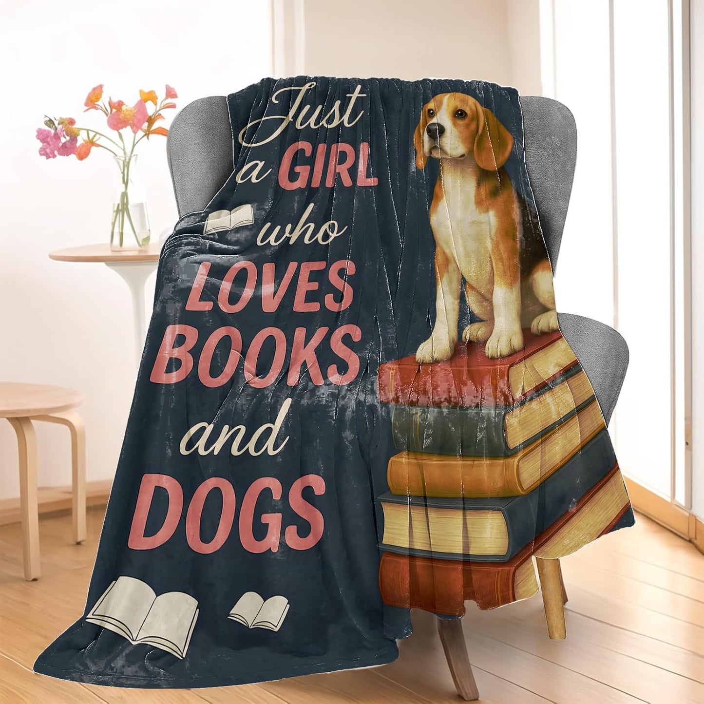 Just a Girl Who Loves Books and Dogs Blanket, Comfy & Warm Flannel Cute Beagle Throw Blanket for Couch, Gifts for Women Kids, Soft Fuzzy Lightweight Travel Bed Blankets for Decor 50"×60"