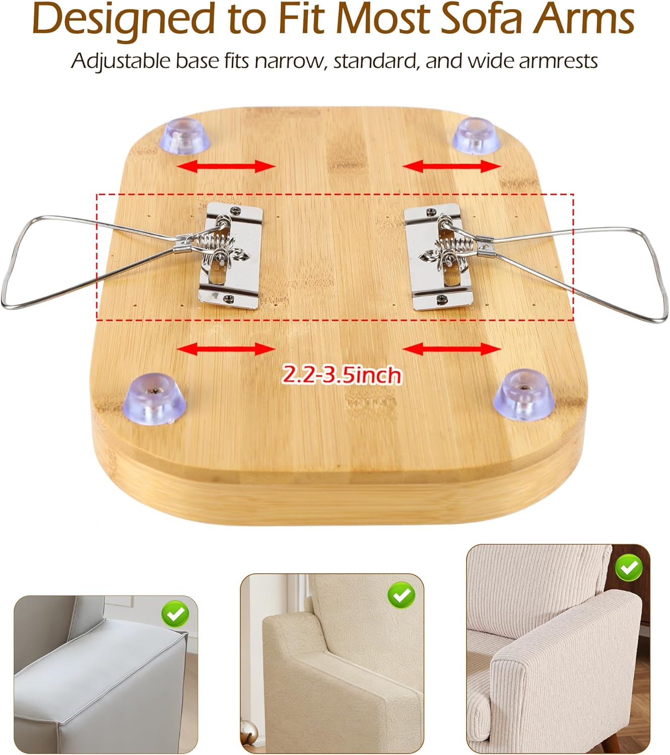 Bamboo Couch Arm Tray Table, Adjustable Clip-On Sofa Armrest Tray with Support Leg & Non-Slip Pads, 3-in-1 Serving Tray Fits Wide & Narrow Couch Arms for Drinks, Snacks, Remote