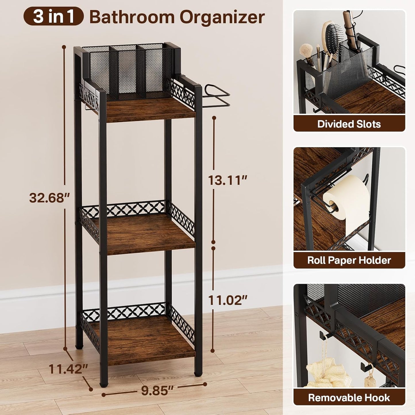 Bathroom Storage and Organizer Shelf Hair Dryer Holder, 9.85in 3-Tier Narrow Metal Standing Rack with Toilet Paper Holder, Corner Stand for Cosmetic, Vanity, Kitchen, Laundry Rustic Brown