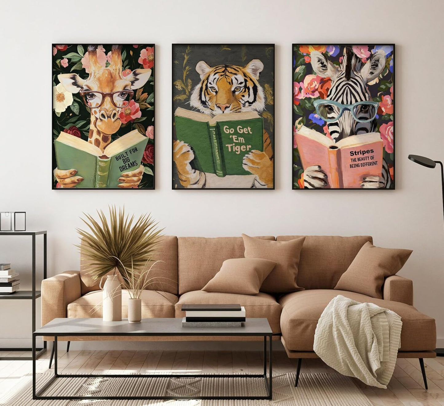 Funny Whimsical Animal Wall Art Motivational Tiger Giraffe and Zebra Reading Book Pictures Nursery Decor Humorous Bookworm Posters Literary Animal Print Artwork for Library Office Study, Unframed