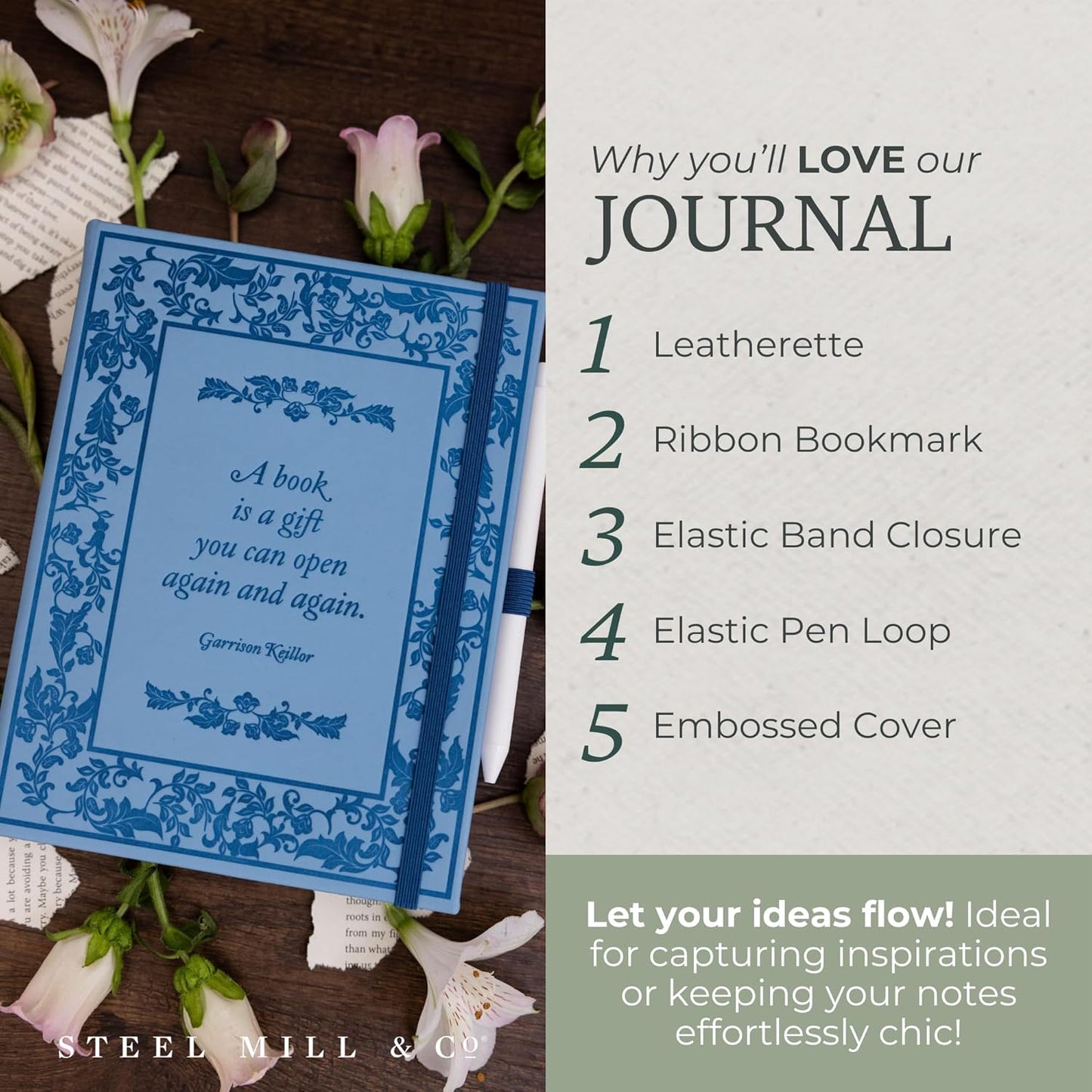 Steel Mill & Co Reading Journal for Book Lovers, Vegan Leather Notebook with Embossed Cover, Lined Pages & Elastic Pen Loop, A Book is a Gift